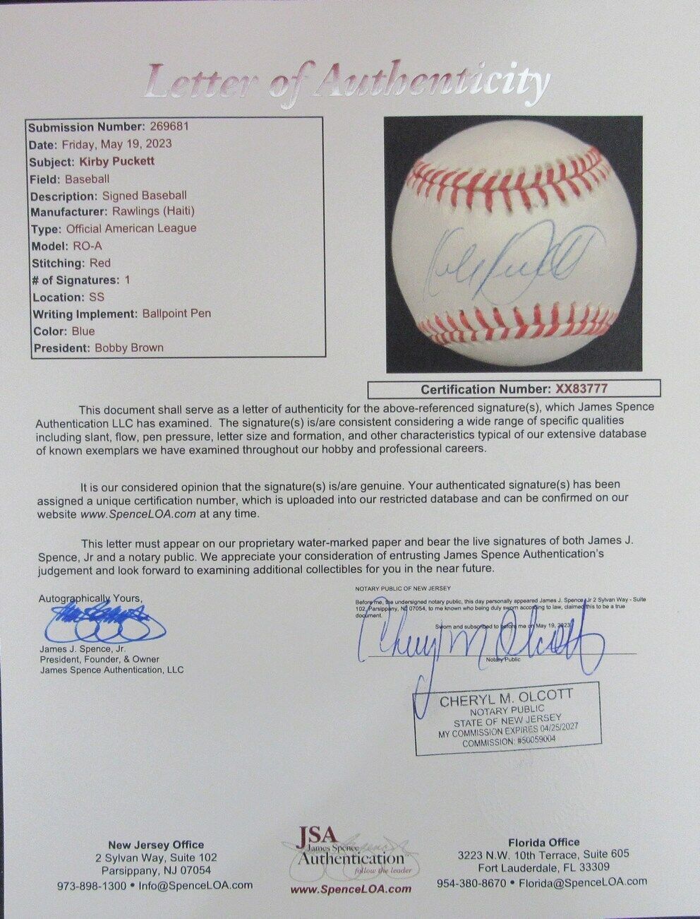Kirby Puckett Hof Autographed Oal Baseball