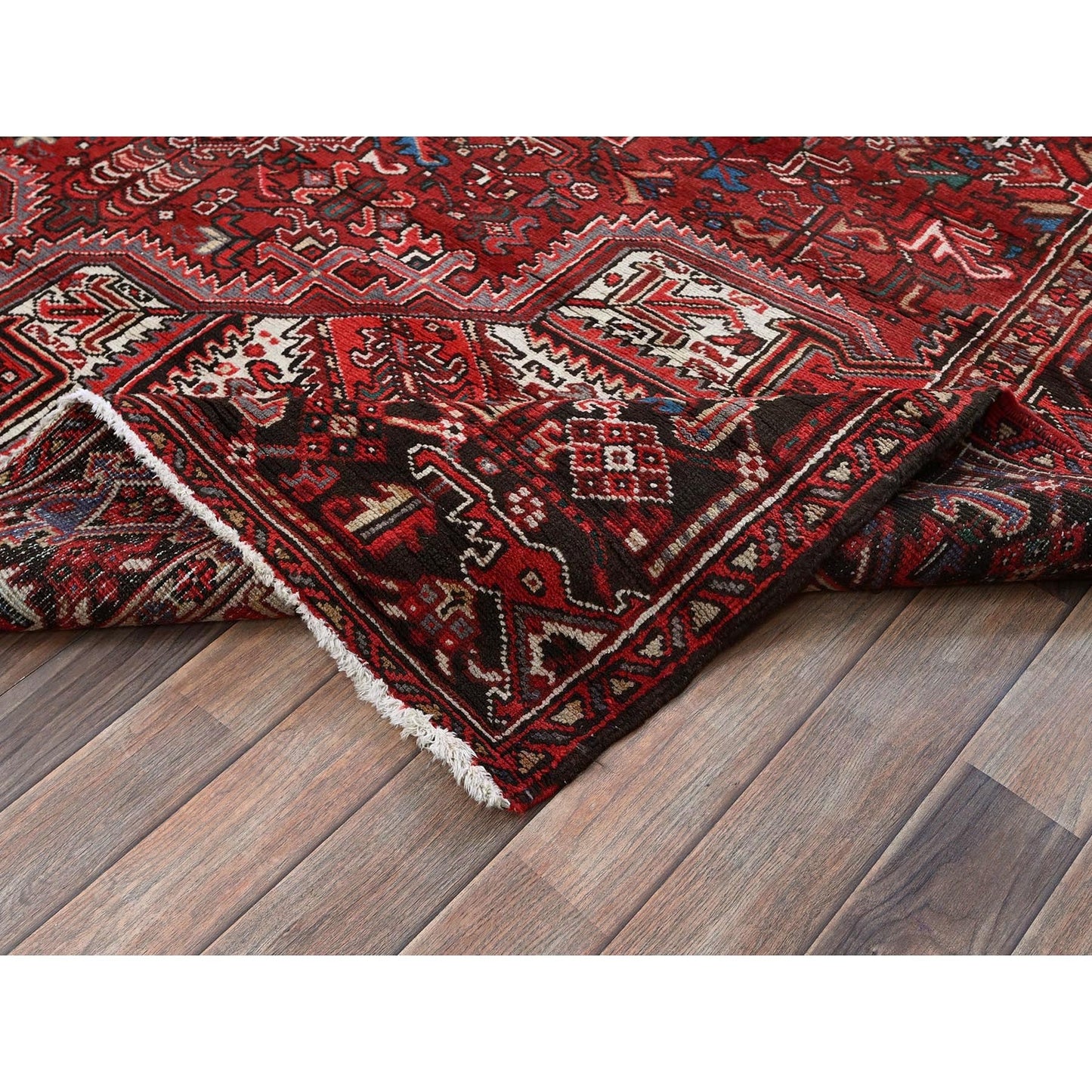 7'7"X10'9" Red Vintage Zoroastrian Heris Worn Down Hand Knotted Wool Rug