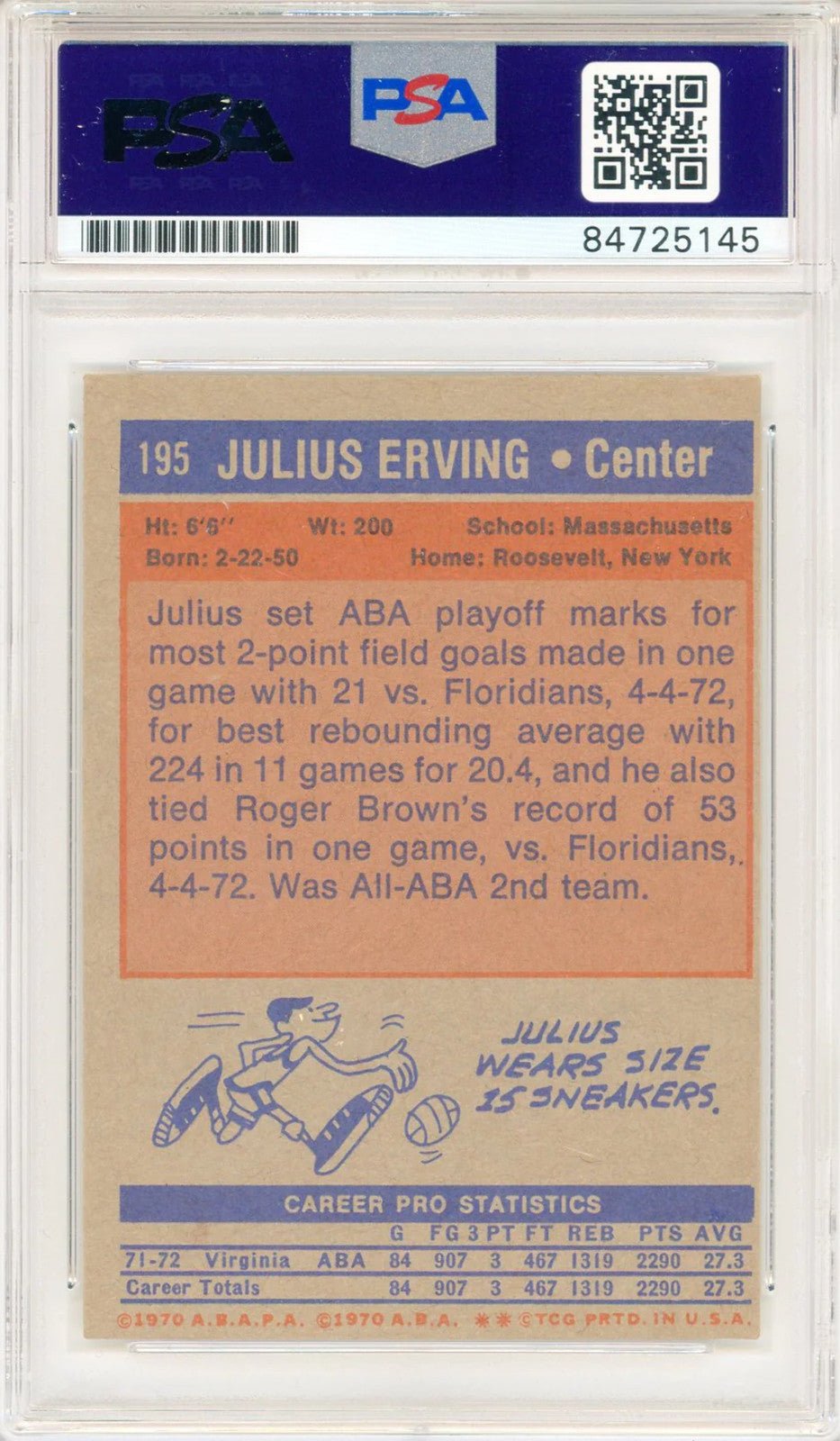 Julius Erving Autographed 1972 Topps Rookie Card #195 (Psa Auto Gem Mint 10)