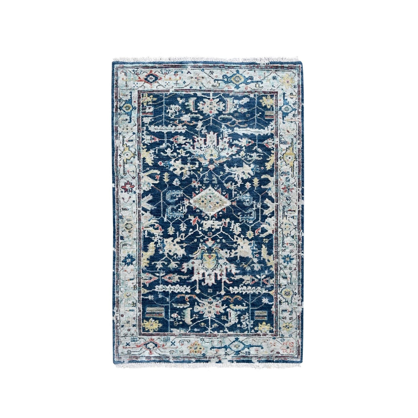 3'X4'9" Denim Blue Broken Heriz All Over Design Hand Knotted Wool Rug