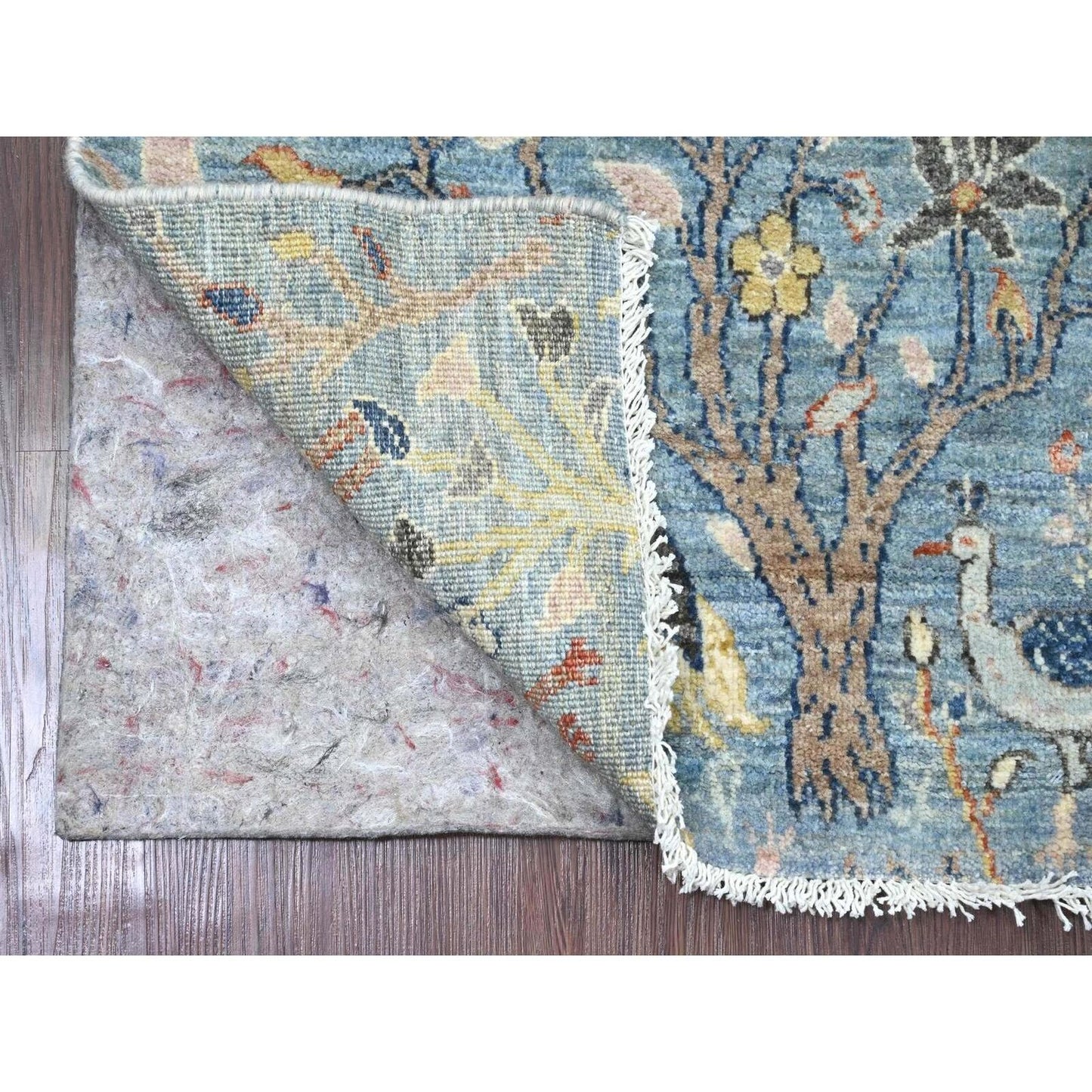 2'X6'1" Blue Afghan Peshawar Birds Design Hand Knotted Wool Runner Rug