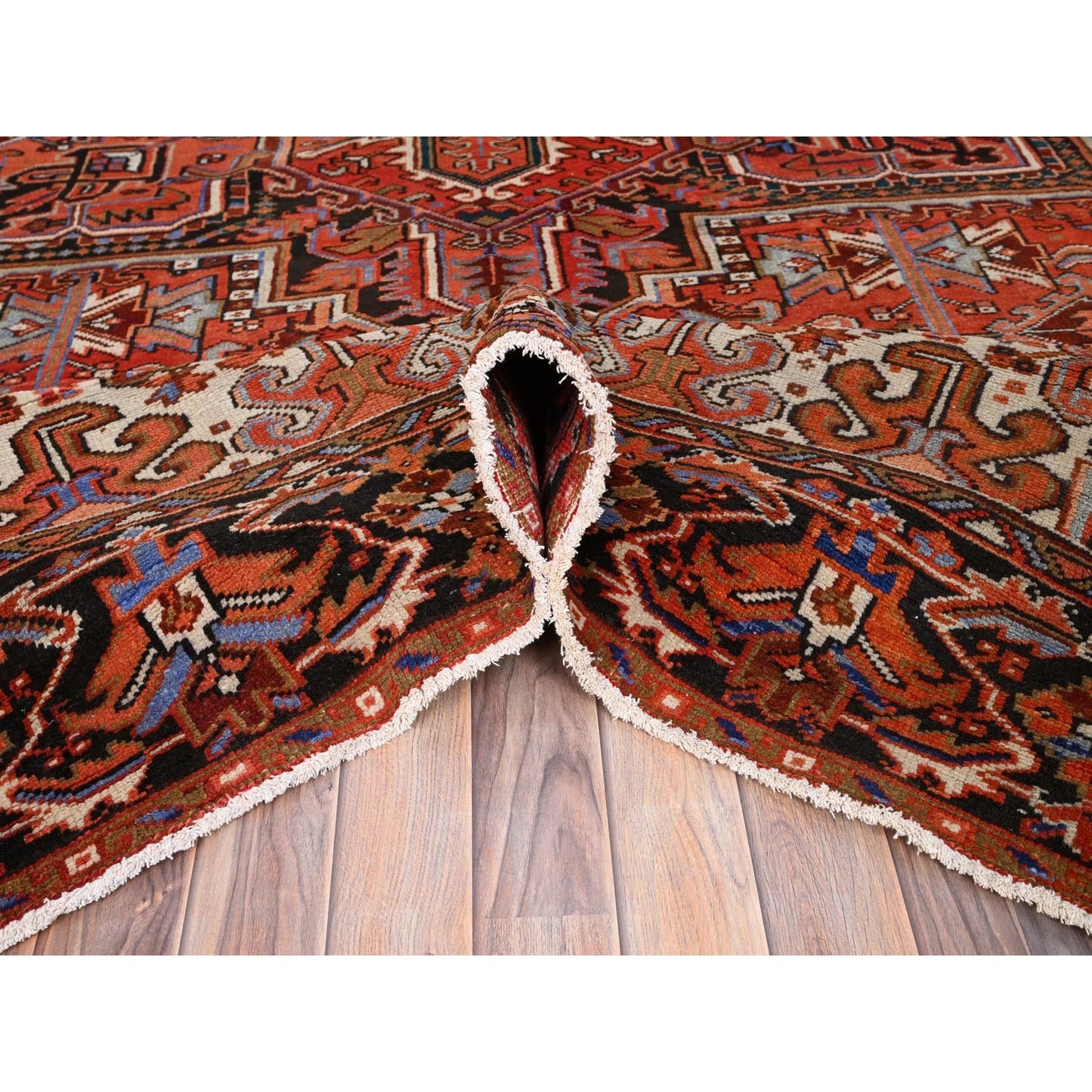 10'1"X13'2" Red Semi Antique Zoroastrian Heris Worn Wool Hand Knotted Rug