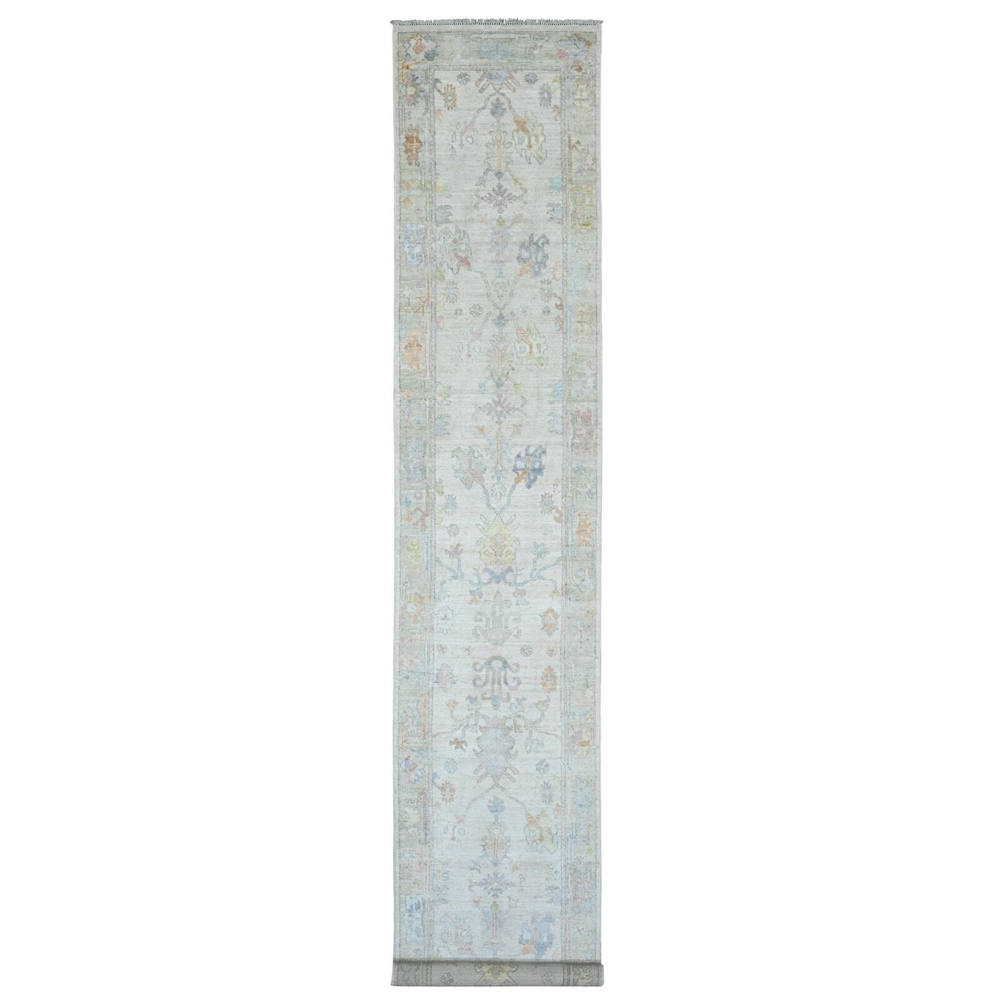 2'8"X15'7" White Angora Ushak Leaf Design Wool Hand Knotted Runner Rug