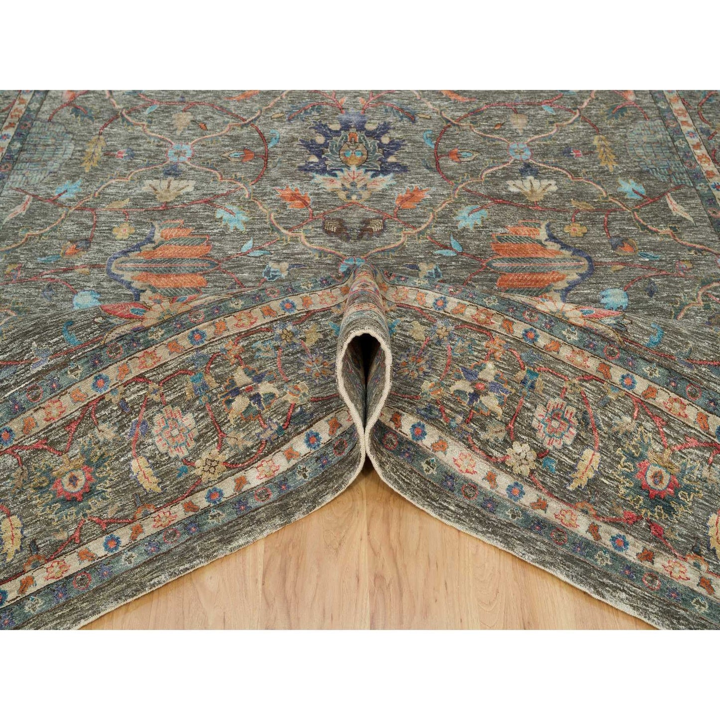 10'X10' Brown Striae Pattern Hand Knotted Silk Textured Wool Square Rug