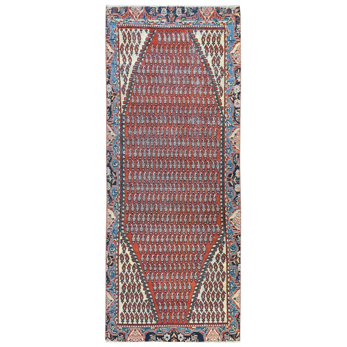 3'7"X9'3" Red Pure Wool Vintage Farsian Hand Knotted Worn Down Runner Rug