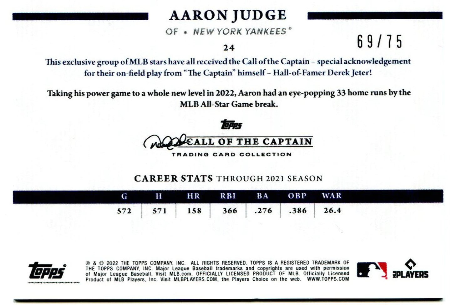 Aaron Judge Topps Call Of The Captain Derek Jeter Collection 69/75 #24 2022