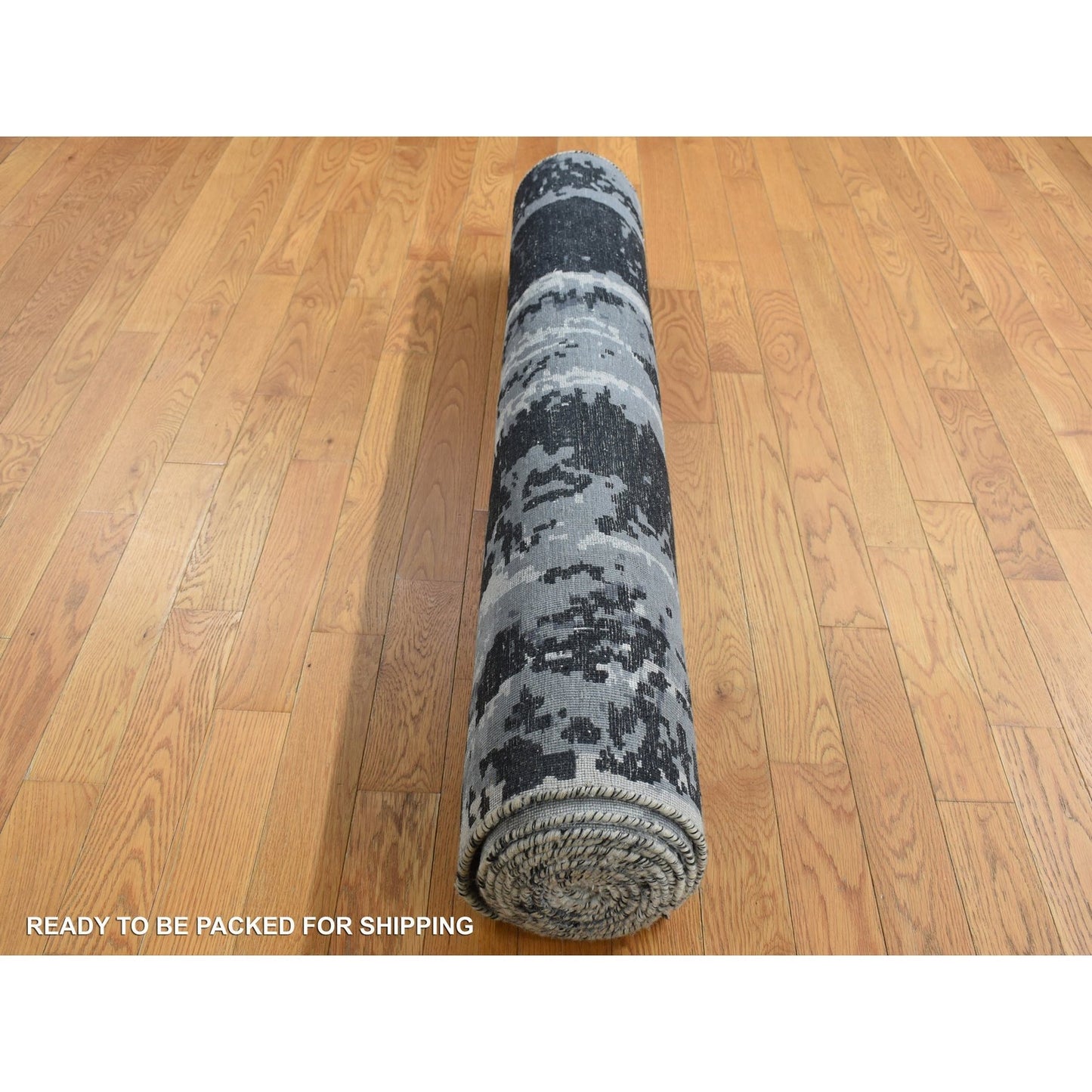 4'2"X13'1" Gray Abstract Design Wool & Silk Hand Knotted Wide Runner Rug