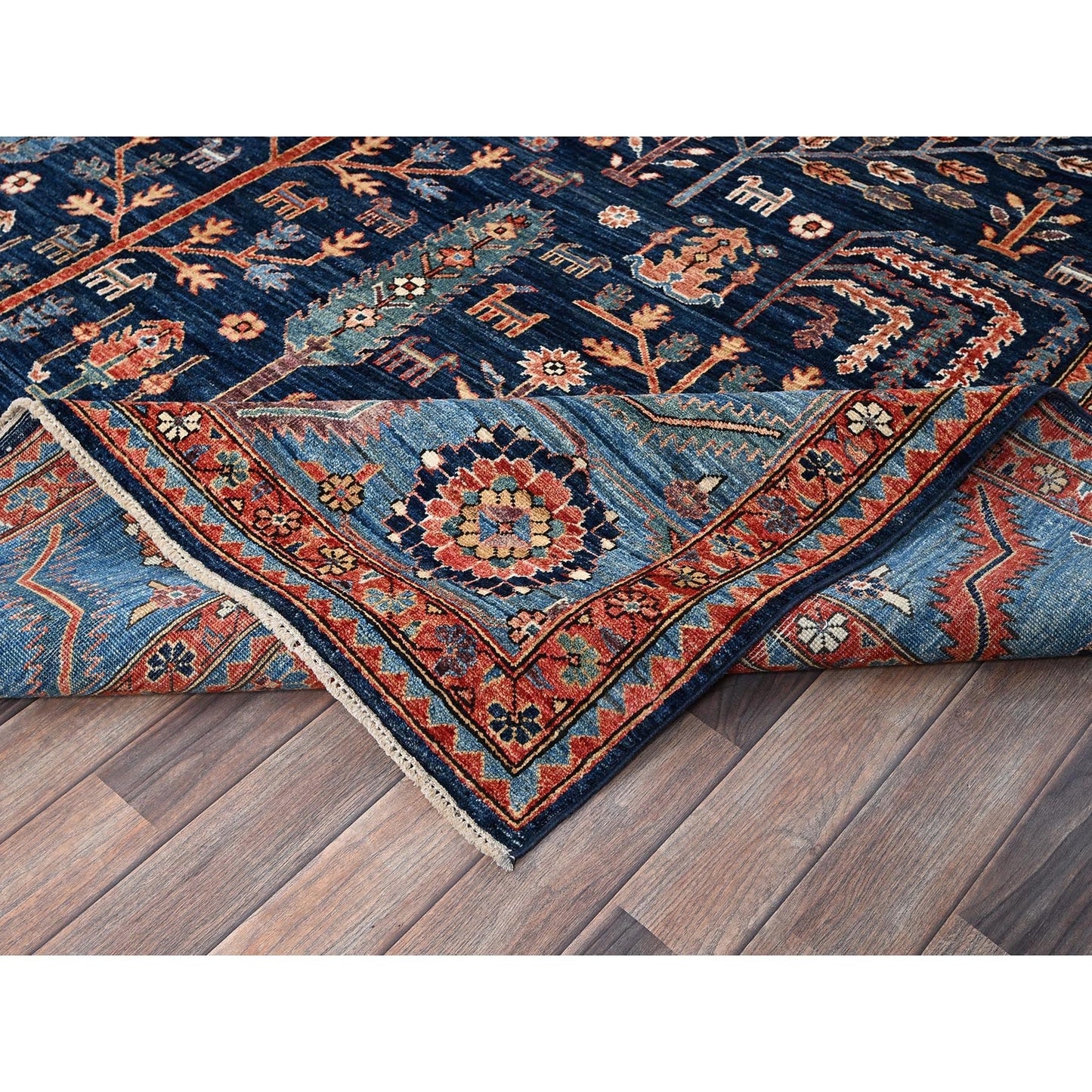 9'2"X12'1" Yale Blue Willow And Cypress Tree Design Wool Hand Knotted Rug