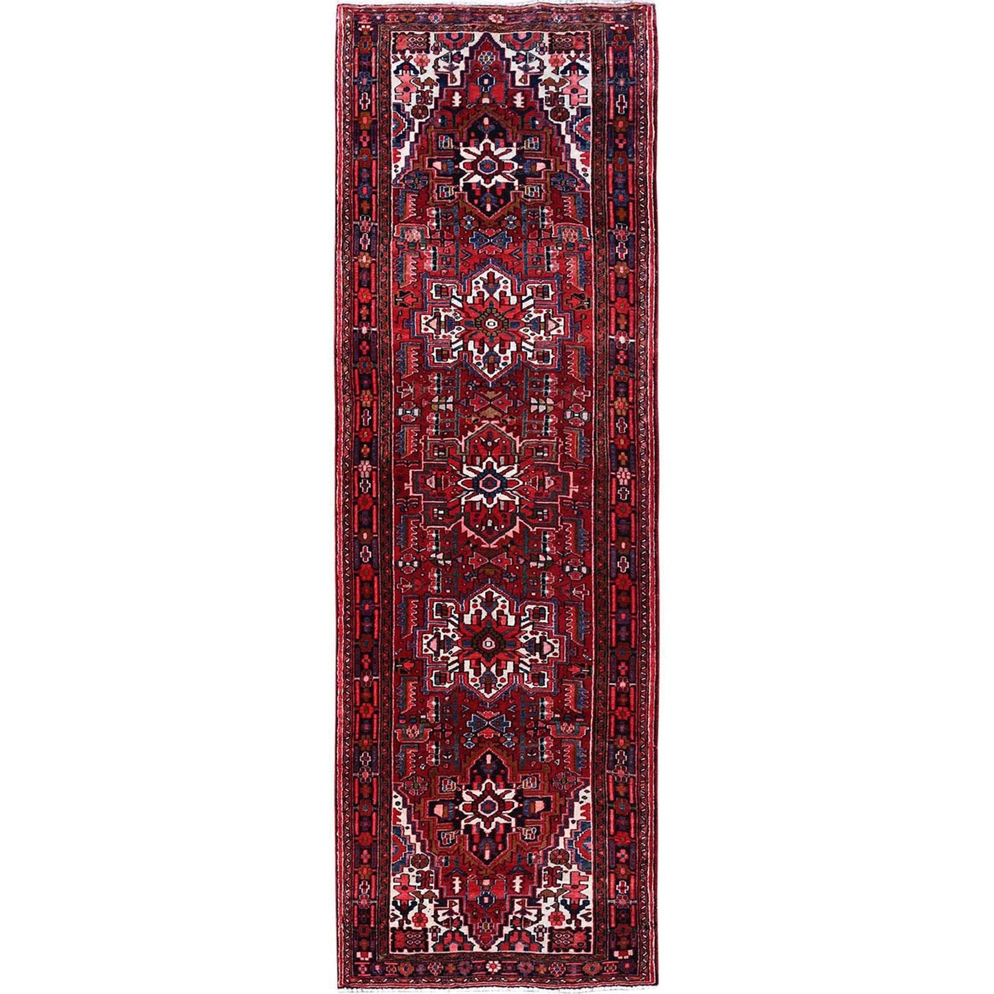 3'6"X11'5" Red Vintage Zoroastrian Heris Pure Wool Hand Knotted Runner Rug