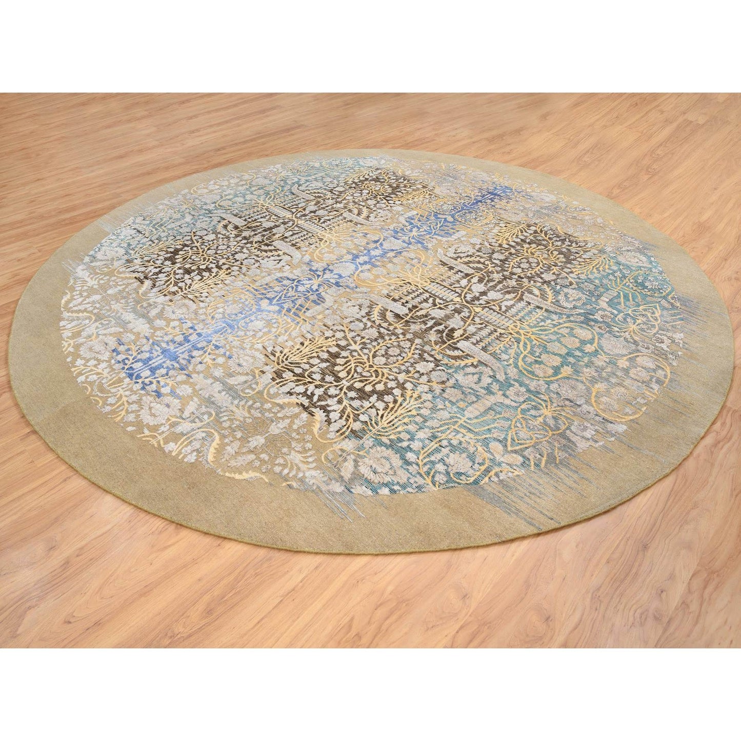11'10"X11'10" Gold Brown Hand Knotted Saroogh Silk With Wool Round Rug
