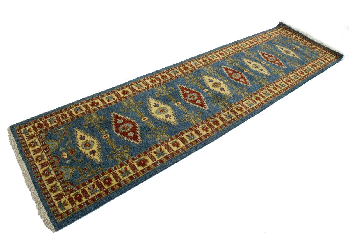 3X10 Ft Handmade Kazak Runner Rug Blue Geometric