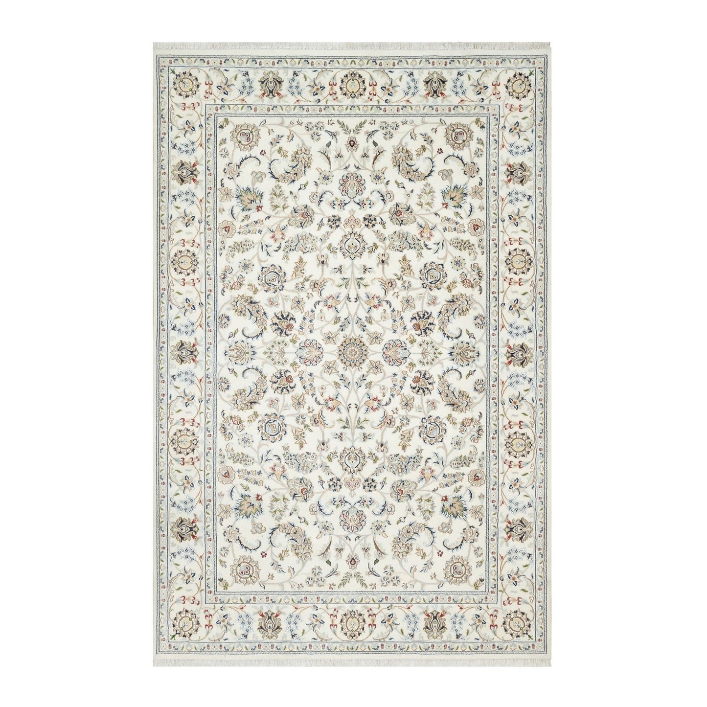 5'10"X9'1" Natural White Hand Knotted Nain 250 Kpsi Wool And Silk Rug