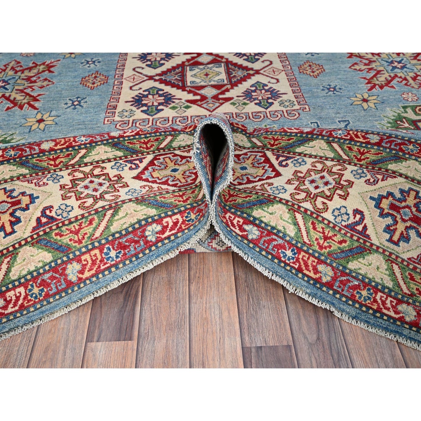 9'X11'9" Blue Hand Knotted Kazak Tribal Pattern Pure Wool Oriental Rug