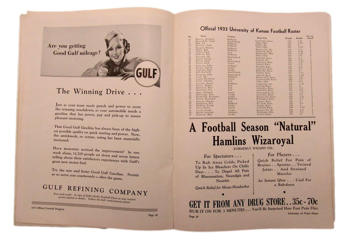 October 7, 1933 Kansas Vs. Notre Dame Ncaa
