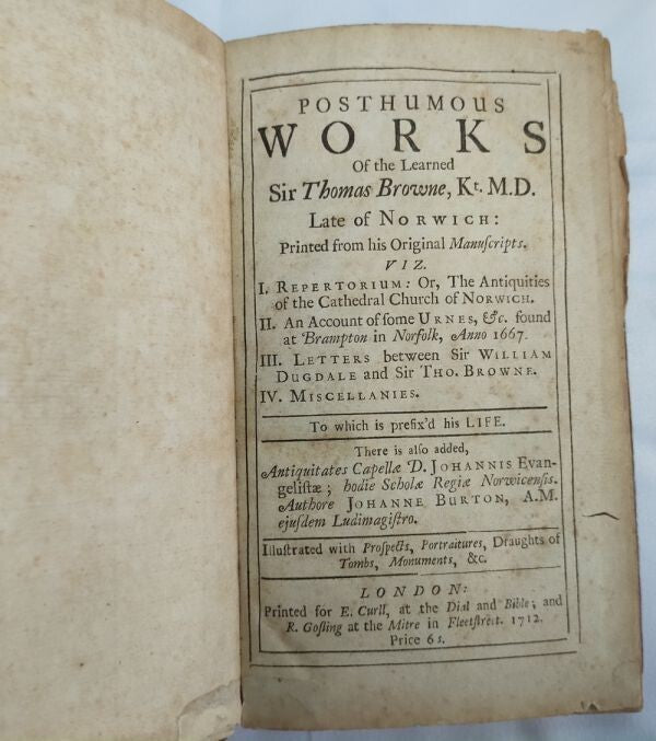 Thomas Browne Posthumous Works 1St Edition 1712 Cambridge Panel Binding Rare