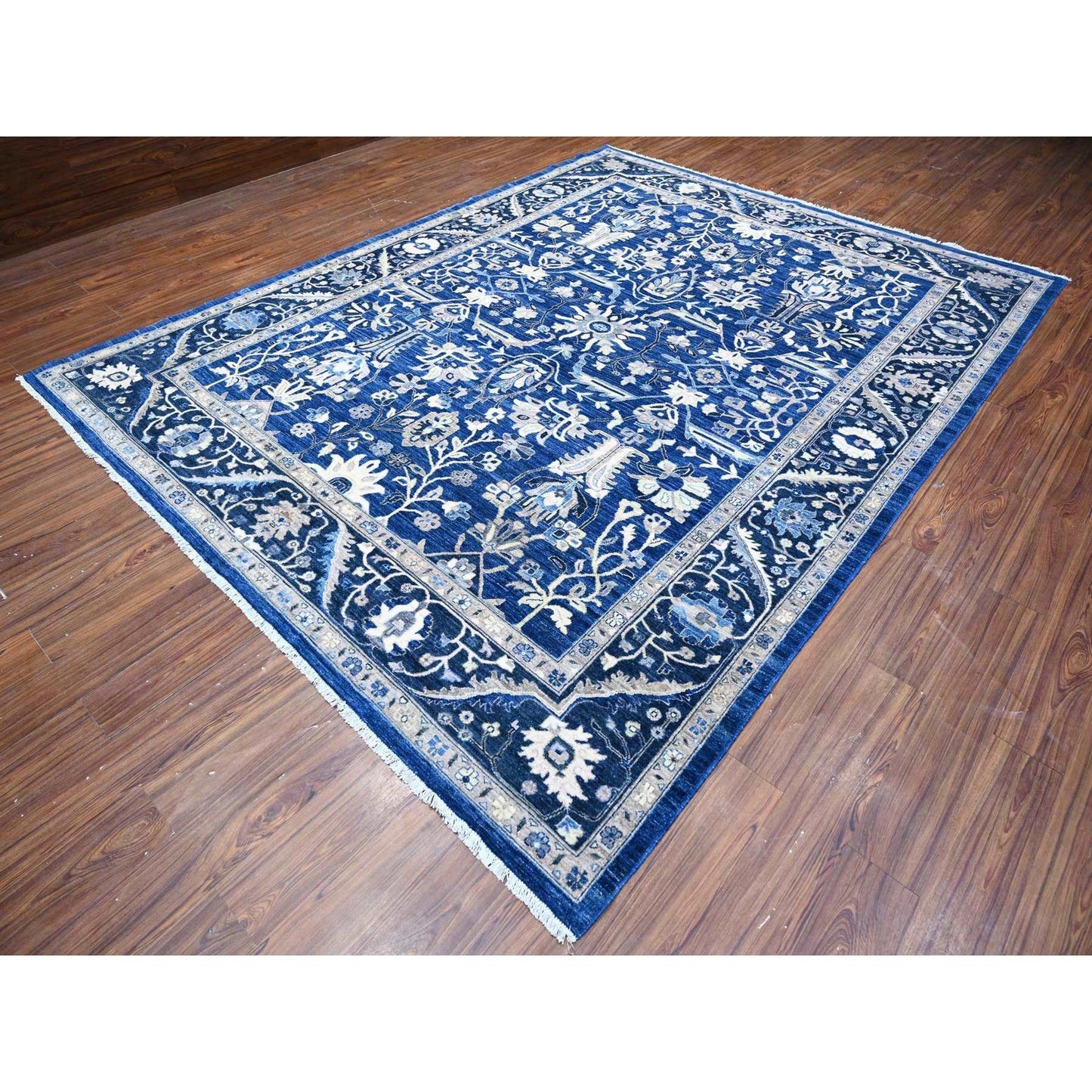 9'X11'7" Blue Hand Knotted 100% Wool Peshawar Heris Design Oriental Rug