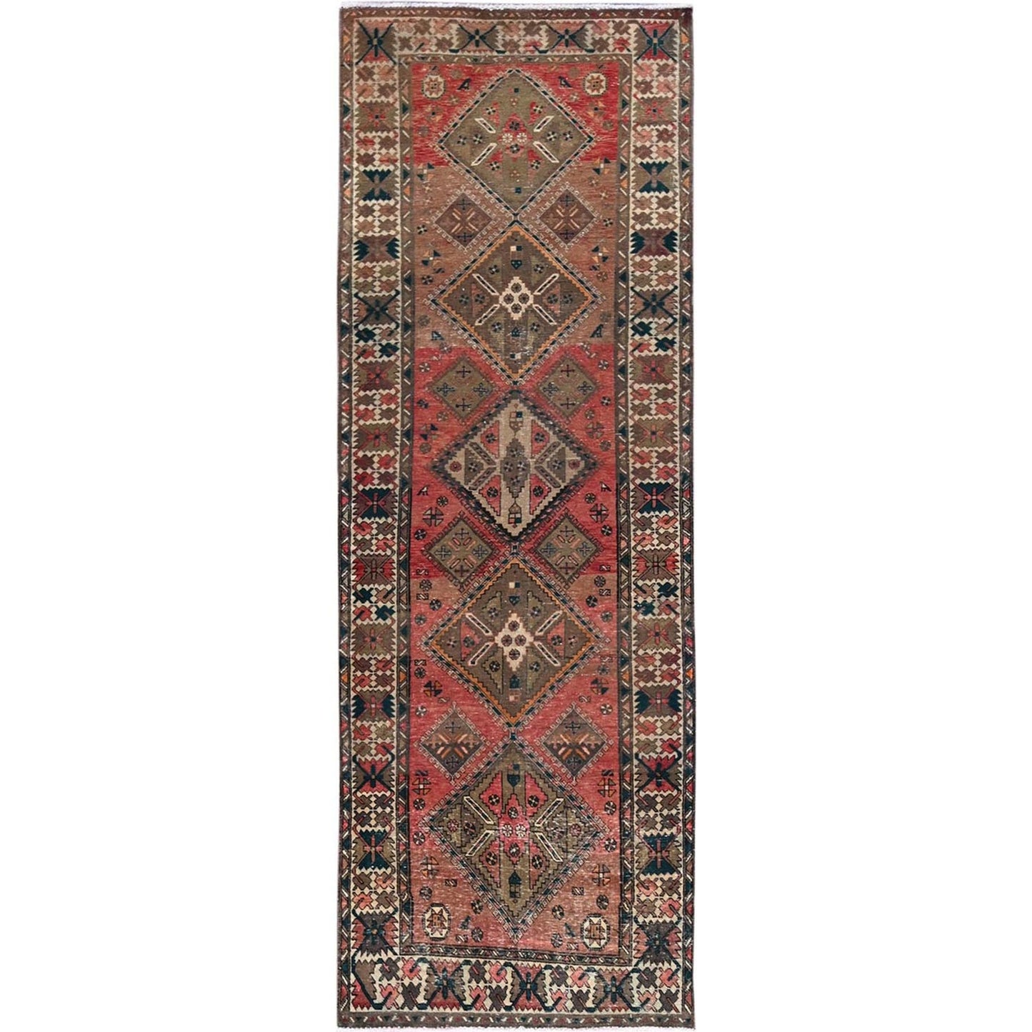 3'5"X10'3" Blush Red Vintage Zoroastrian Hand Knotted Pure Wool Runner Rug