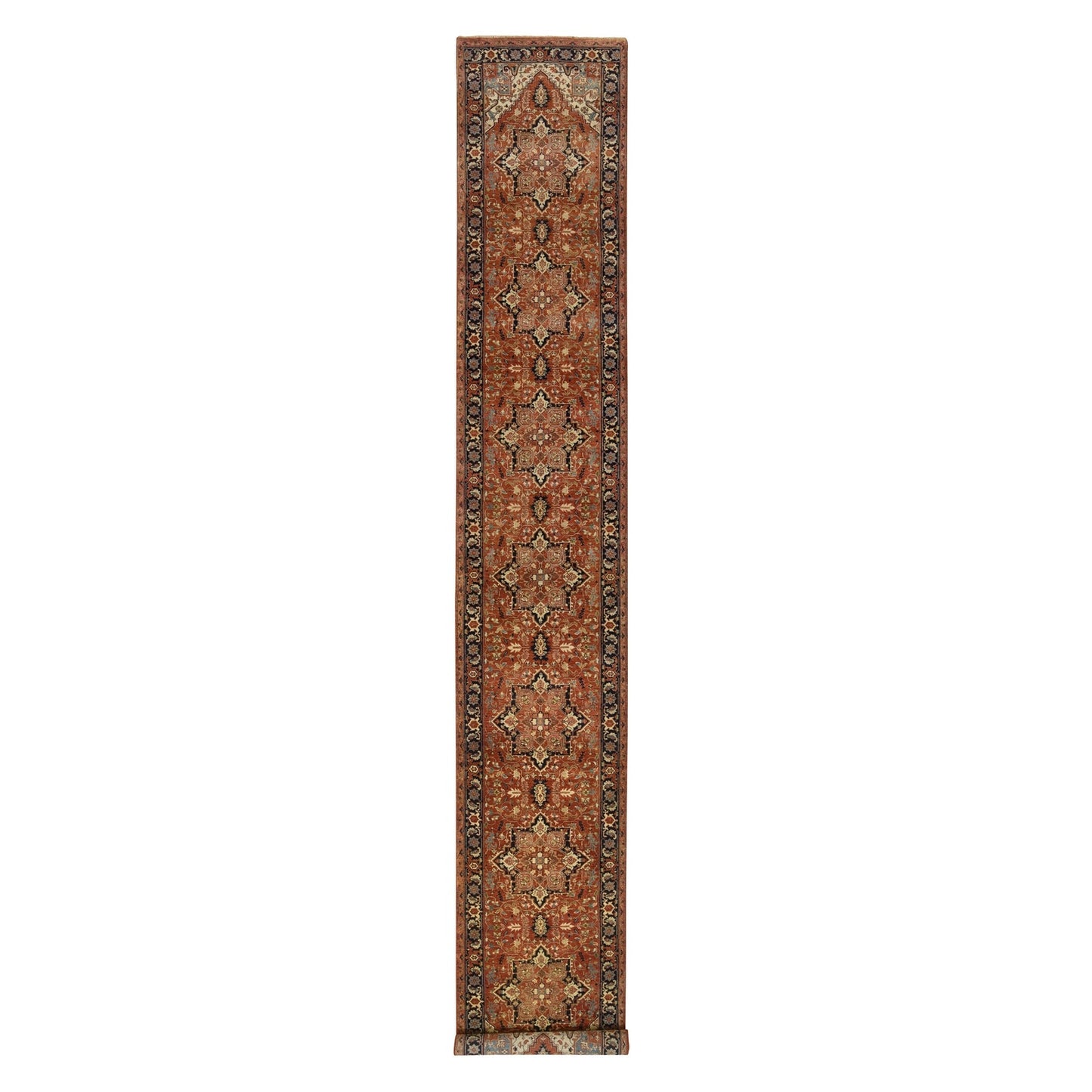 2'7"X16'3" Red Antiqued Heris Re-Creation Wool Hand Knotted Xl Runner Rug