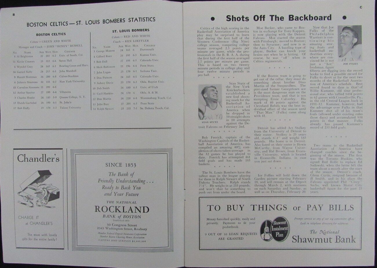 Vintage 1947 Boston Celtics Vs. St. Louis Bombers