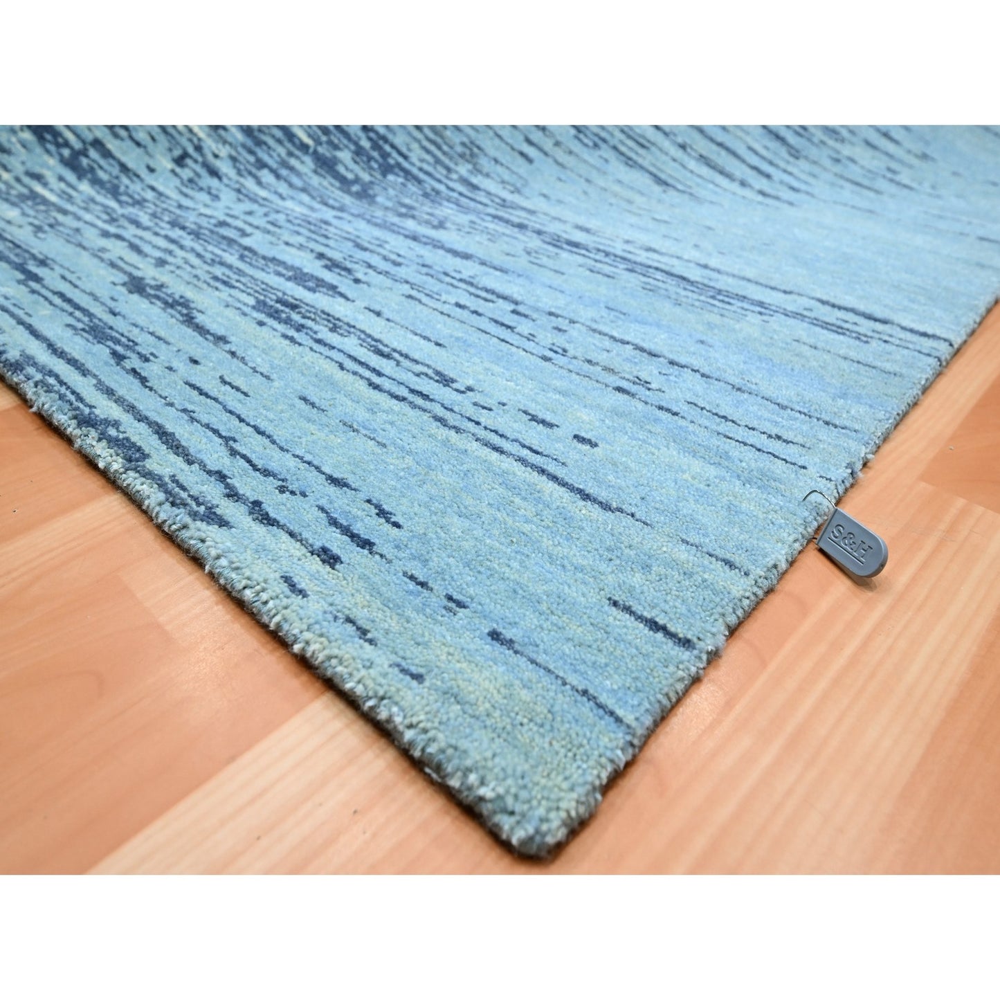 9'X12'3" Cerulean Blue Pure Wool Horizontal Ombre Design Hand Knotted Rug