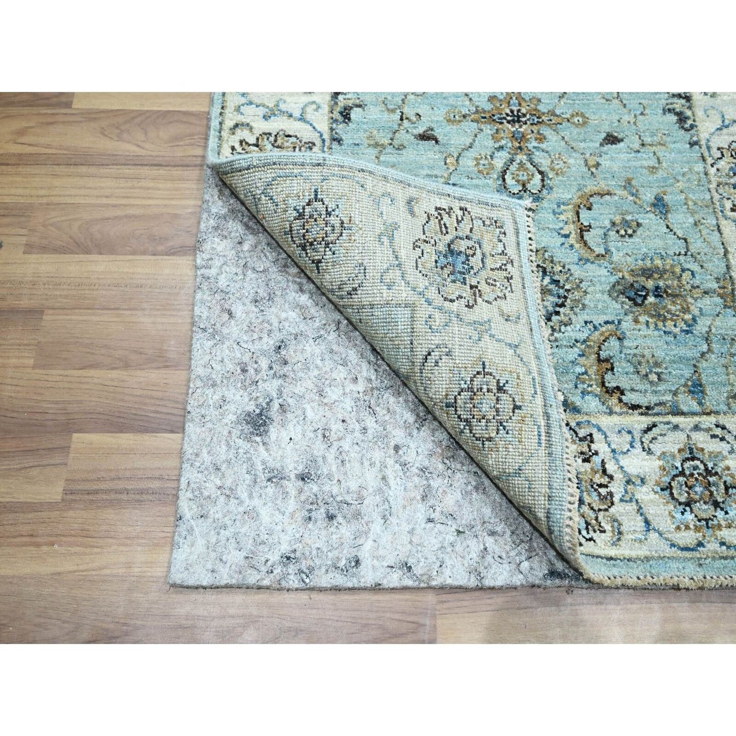2'7"X14' Sky Blue Agra Flower Vines Design Wool Hand Knotted Runner Rug