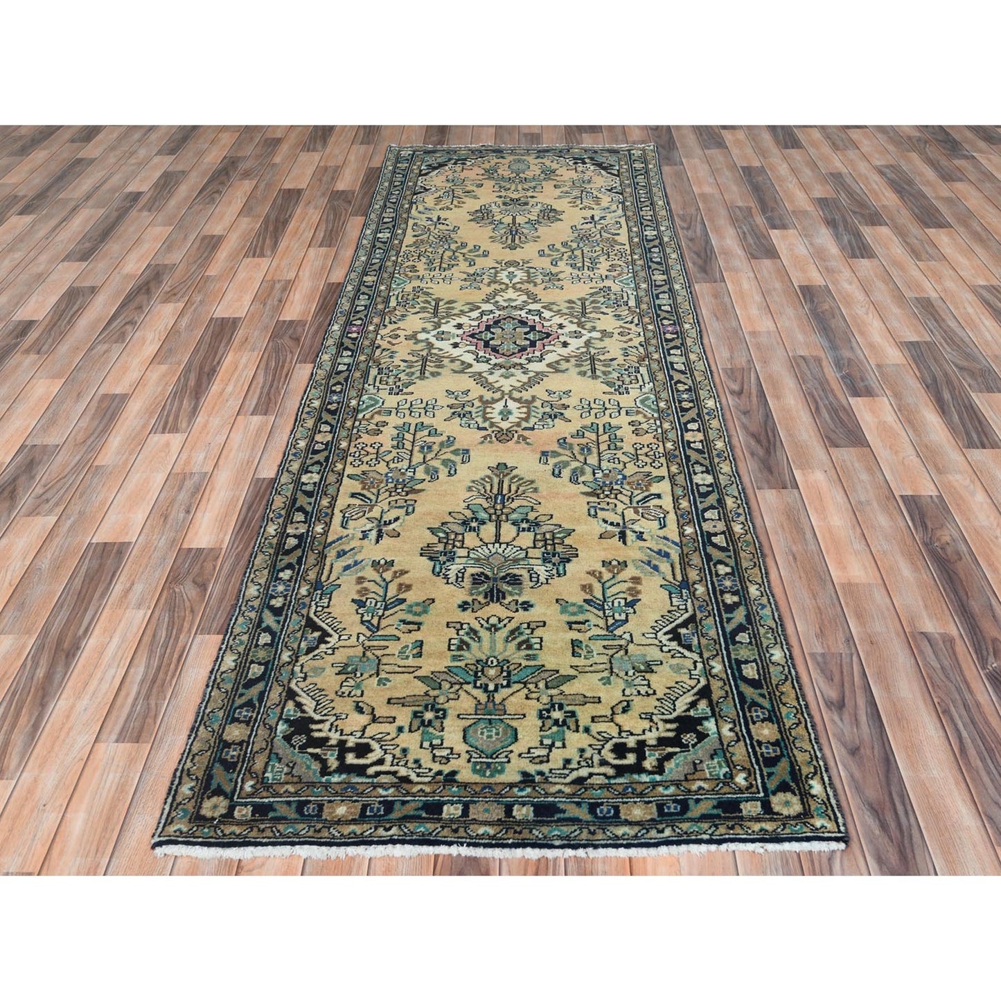 3'5"X10'1" Brown Vintage Farsian Worn Wool Hand Knotted Wide Runner Rug