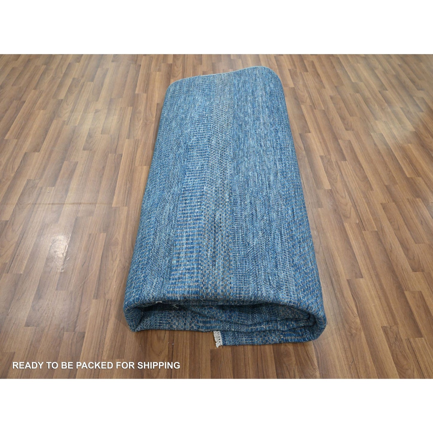 9'X12' Imperial Blue Modern Grass Design Hand Knotted Wool And Silk Rug