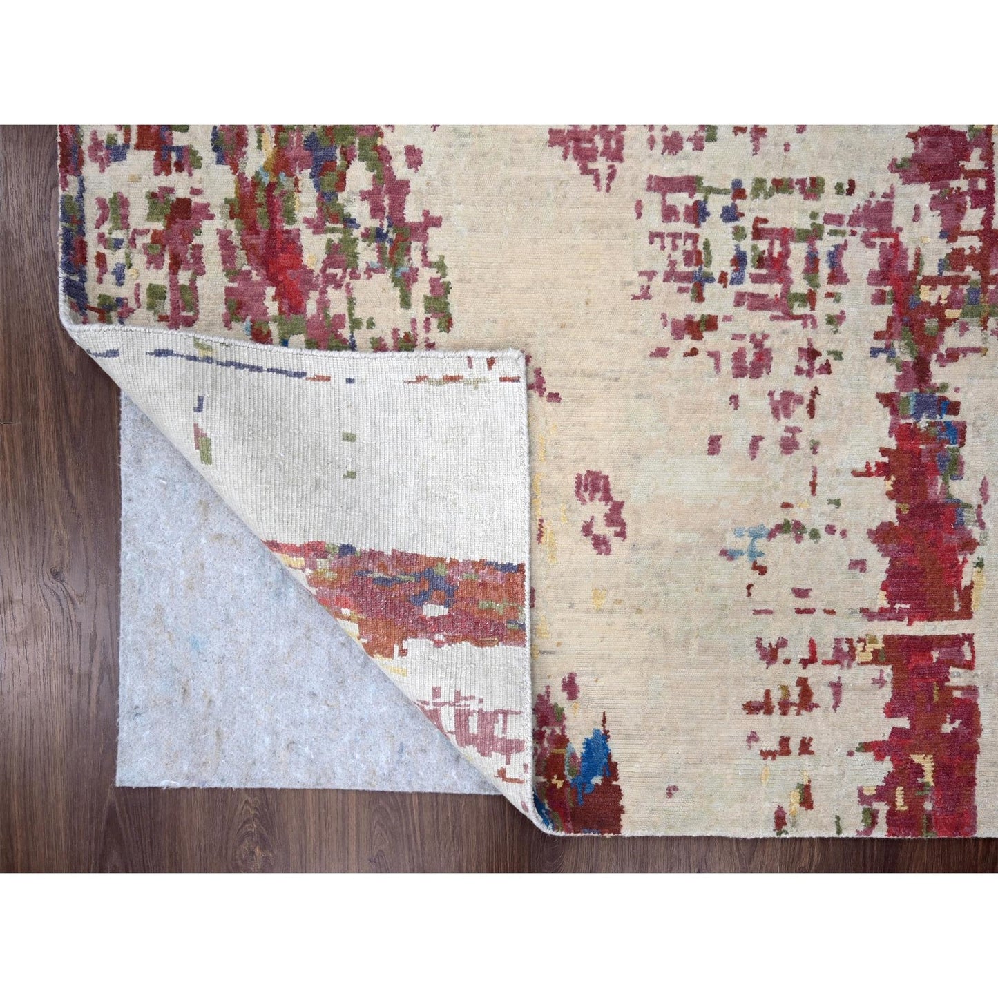 9'3"X12'2" Accessible Beige Pure Wool Abstract Design Hand Knotted Rug