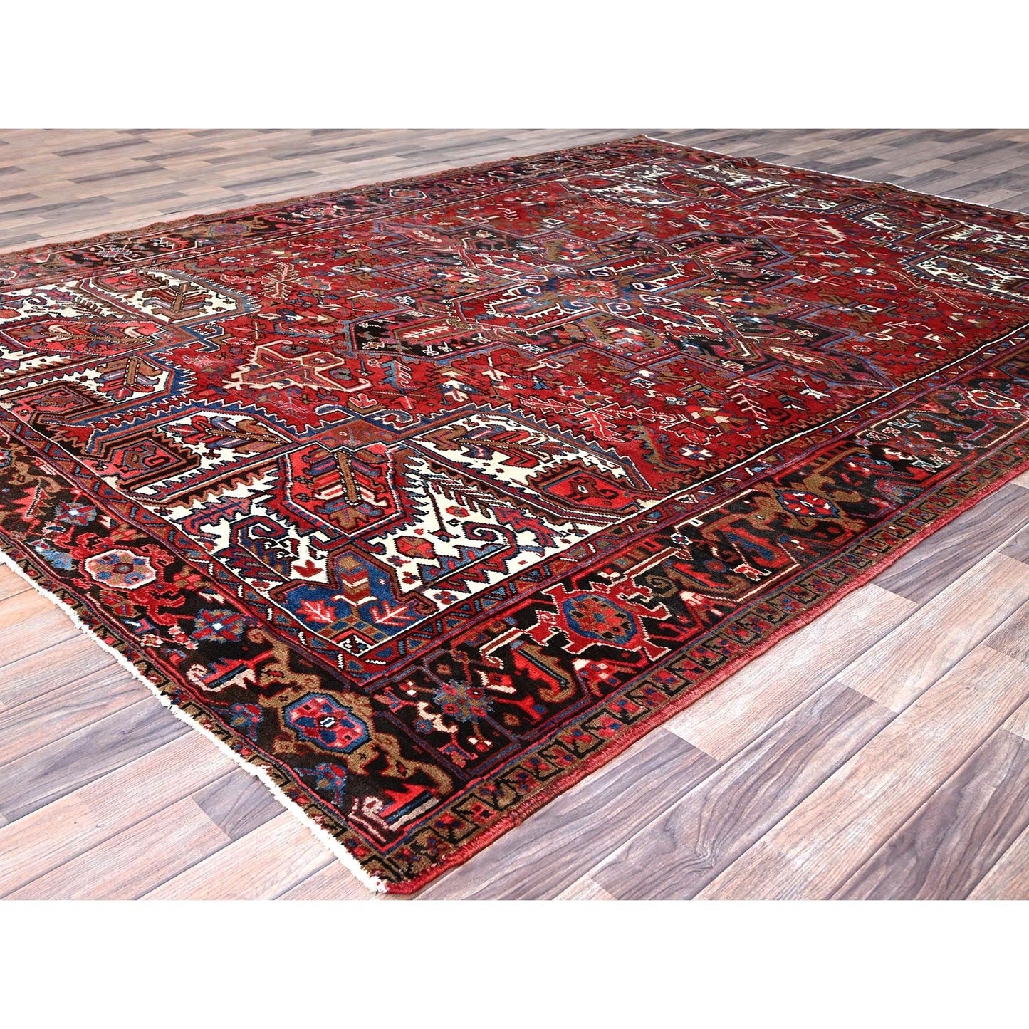 8'2"X10'10" Red Centre Geometric Medallion Cropped Thin Oriental Rug
