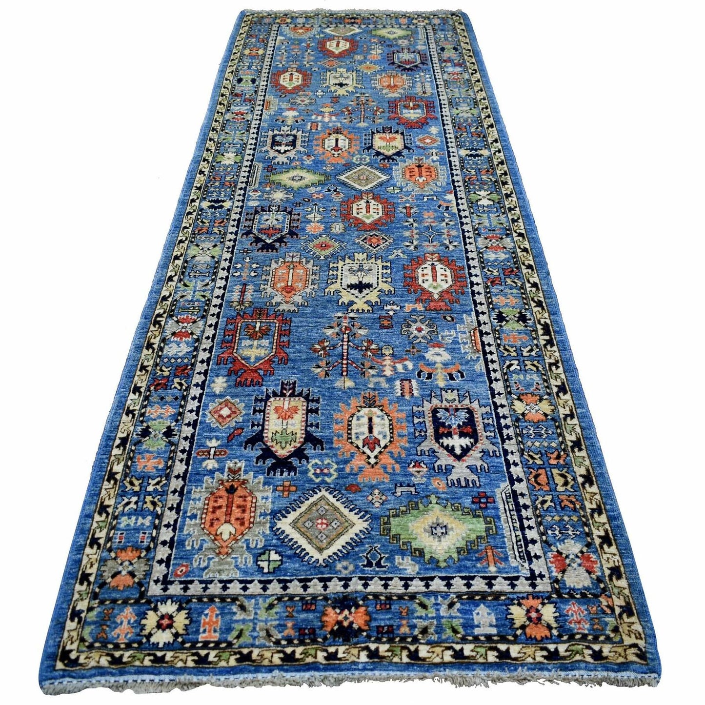 4'4"X11'8" Blue Afghan Ersari With Large Elements Design Wool Runner Rug