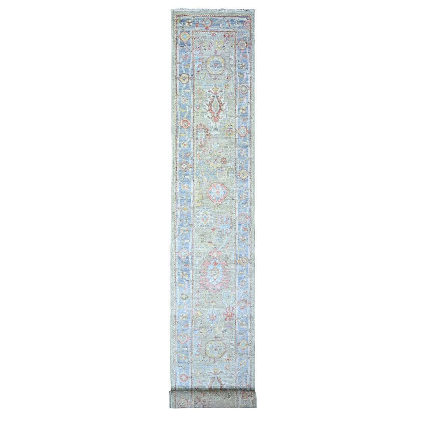 2'4"X19'8" Gray Wool Hand Knotted Afghan Angora Oushak Xl Runner Rug