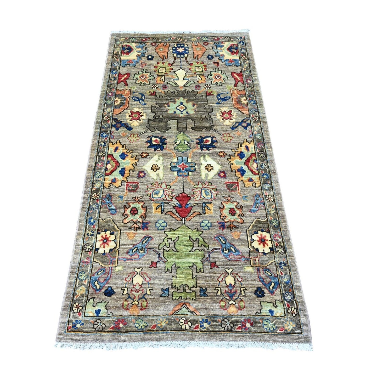 3'X5'10" Gray Heris Design High Mountain Wool Hand Knotted Runner Rug