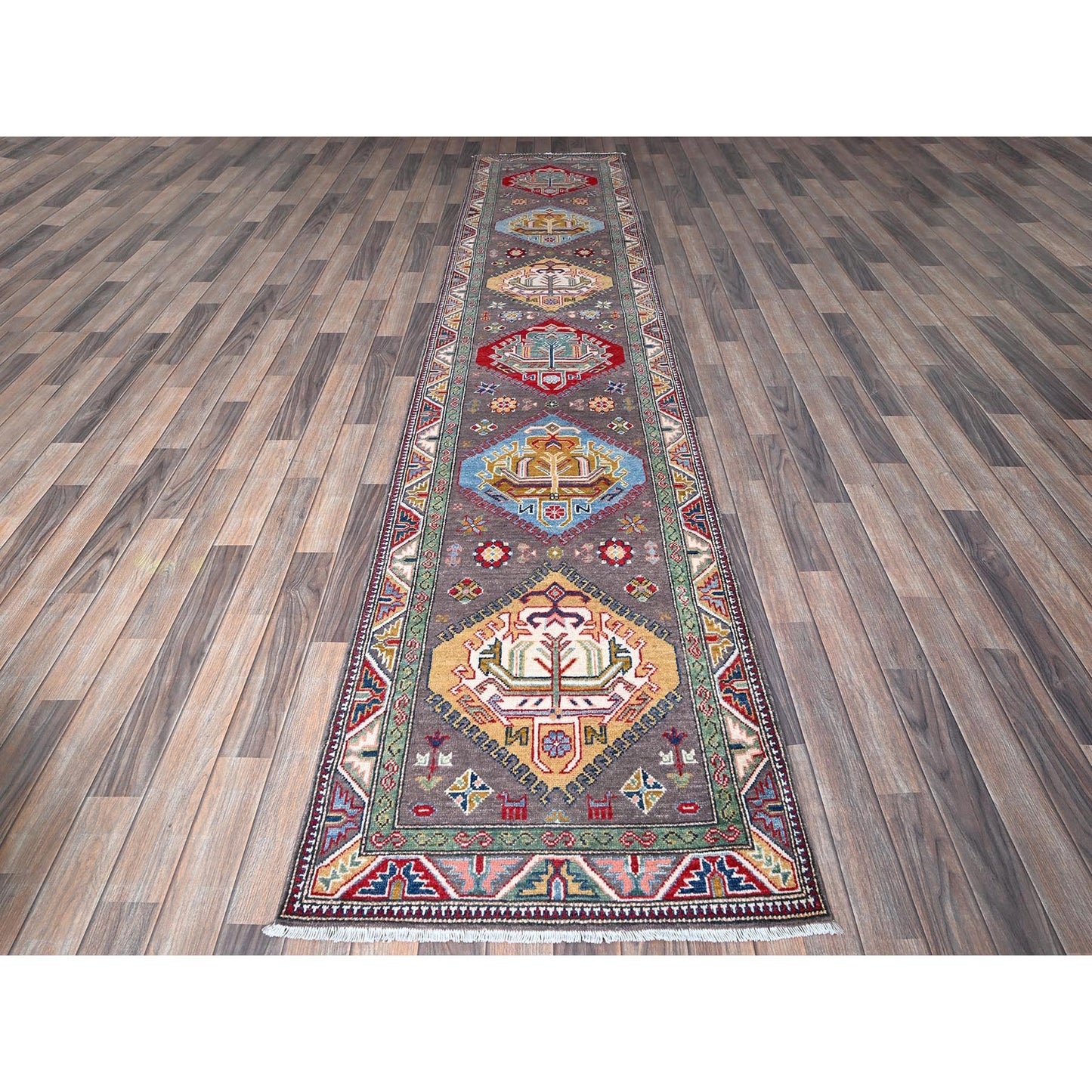 2'8"X12' Gray Kazak Medallions Design Hand Knotted Soft Wool Runner Rug