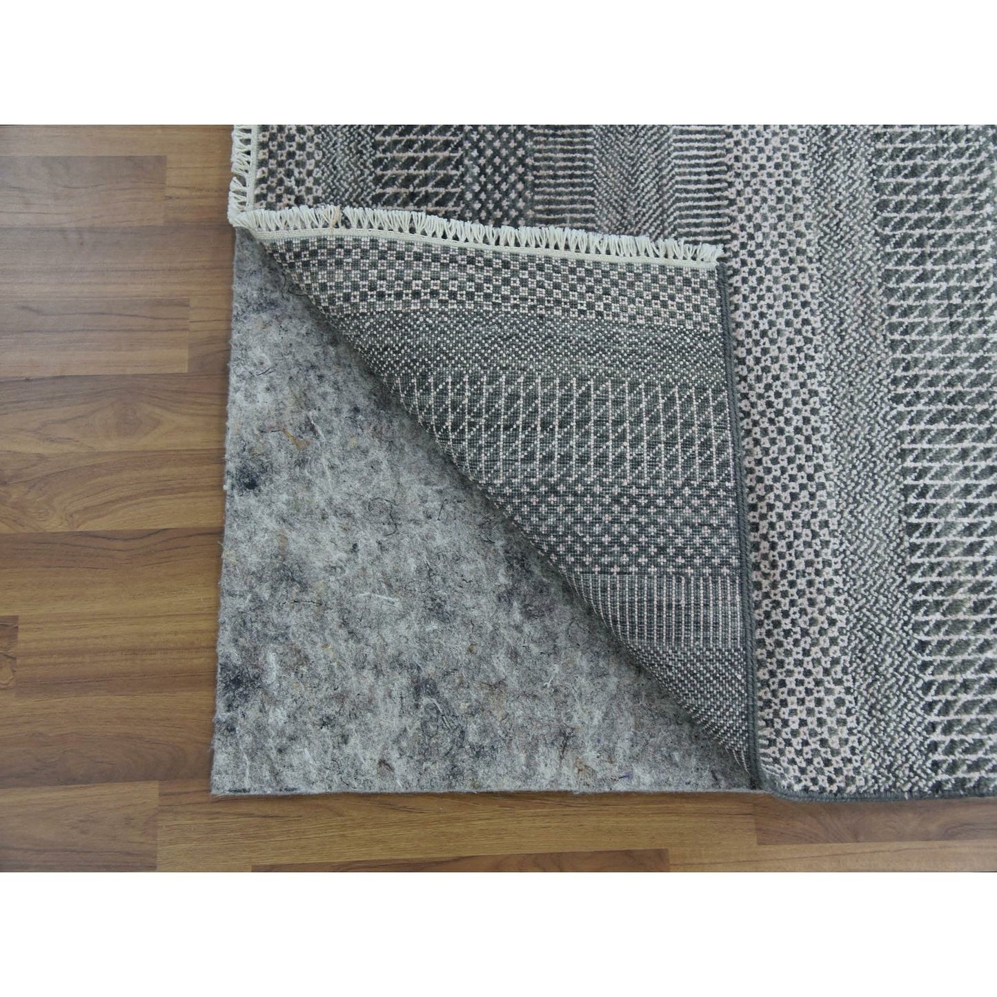 2'8"X10'2" Gray Wool And Silk Hand Knotted Modern Grass Design Runner Rug