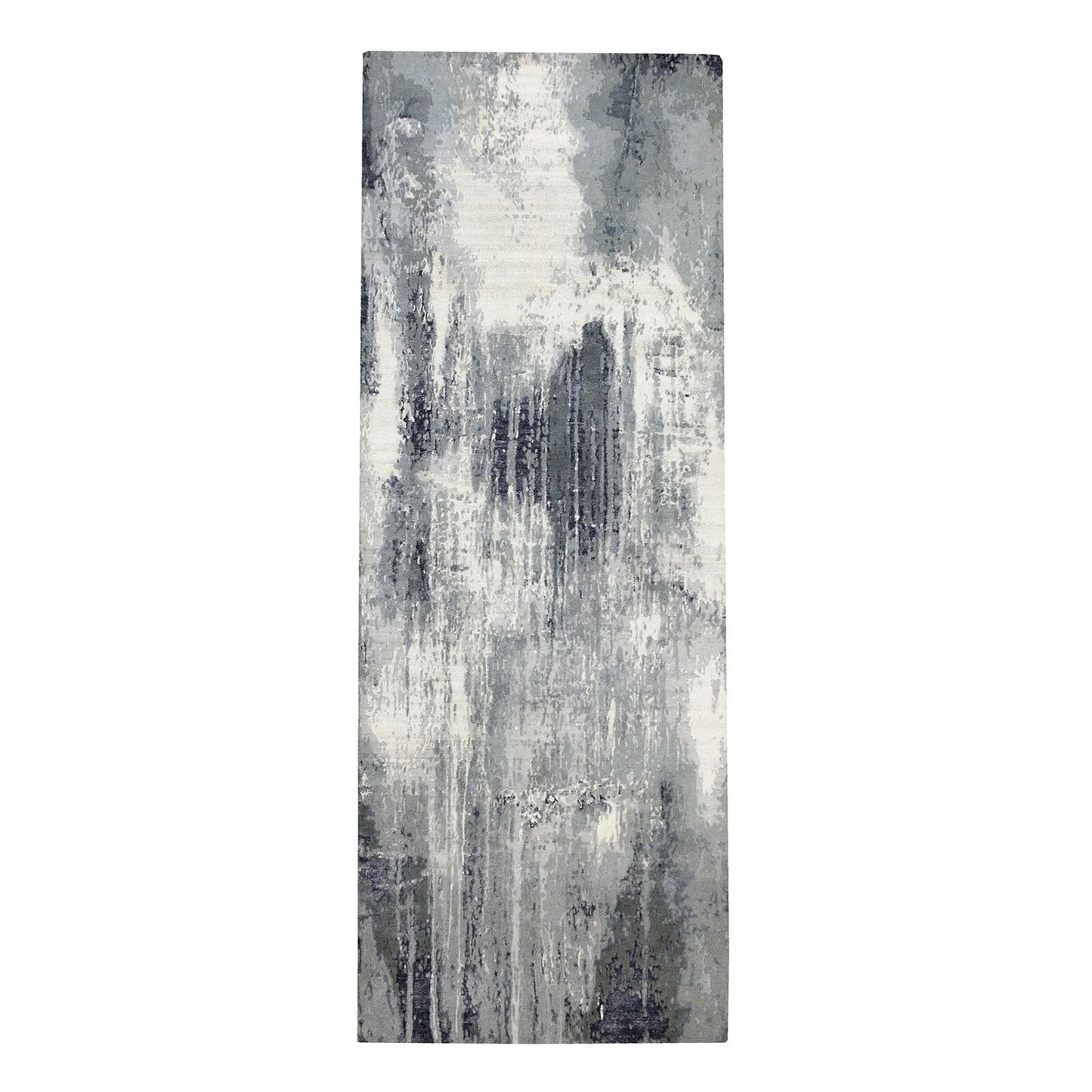 2'6"X10' Charcoal Black Abstract Design Wool-Silk Handknotted Runner Rug