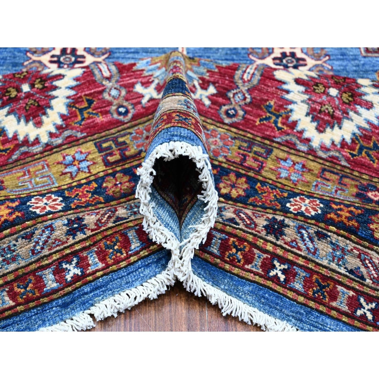 10'2"X13'8" Blue Hand Knotted Super Kazak All Over Motifs Oriental Rug