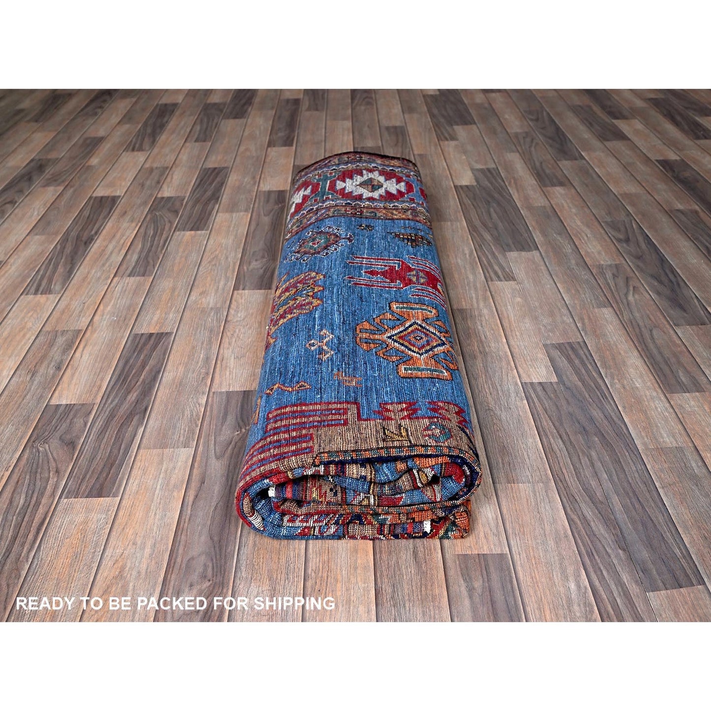 8'1"X9'10" Blue Afghan Caucasian Design Revival Hand Knotted Soft Wool Rug