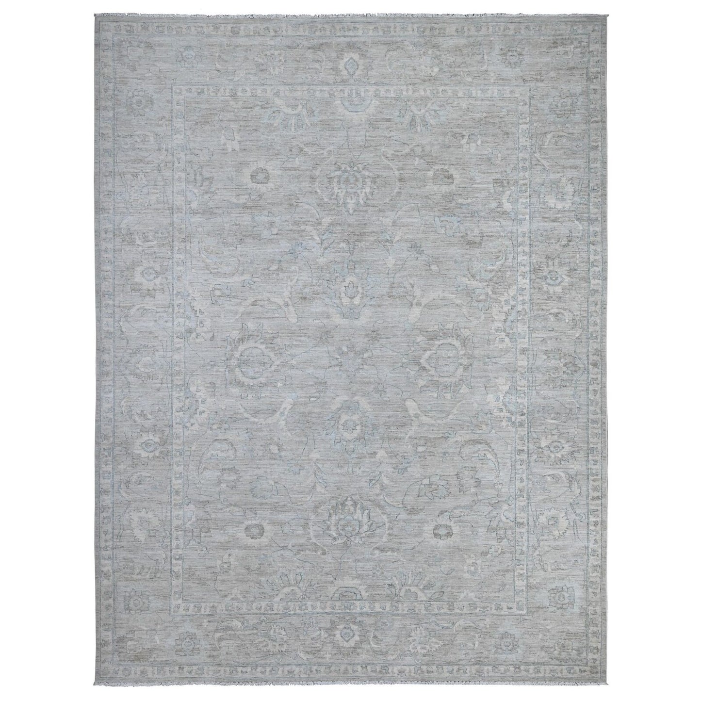 10'X13' Pewter Gray Hand Knotted White Wash Peshawar Wool Oriental Rug