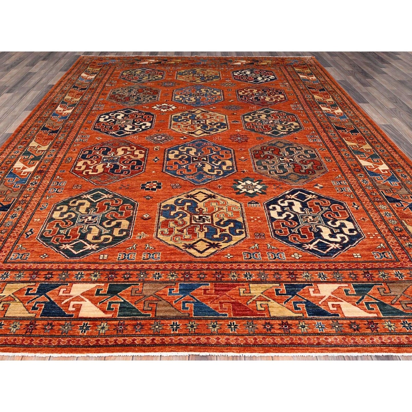8'10"X11'10" Sun Orange Super Kazak Geometric Wool Hand Knotted Rug