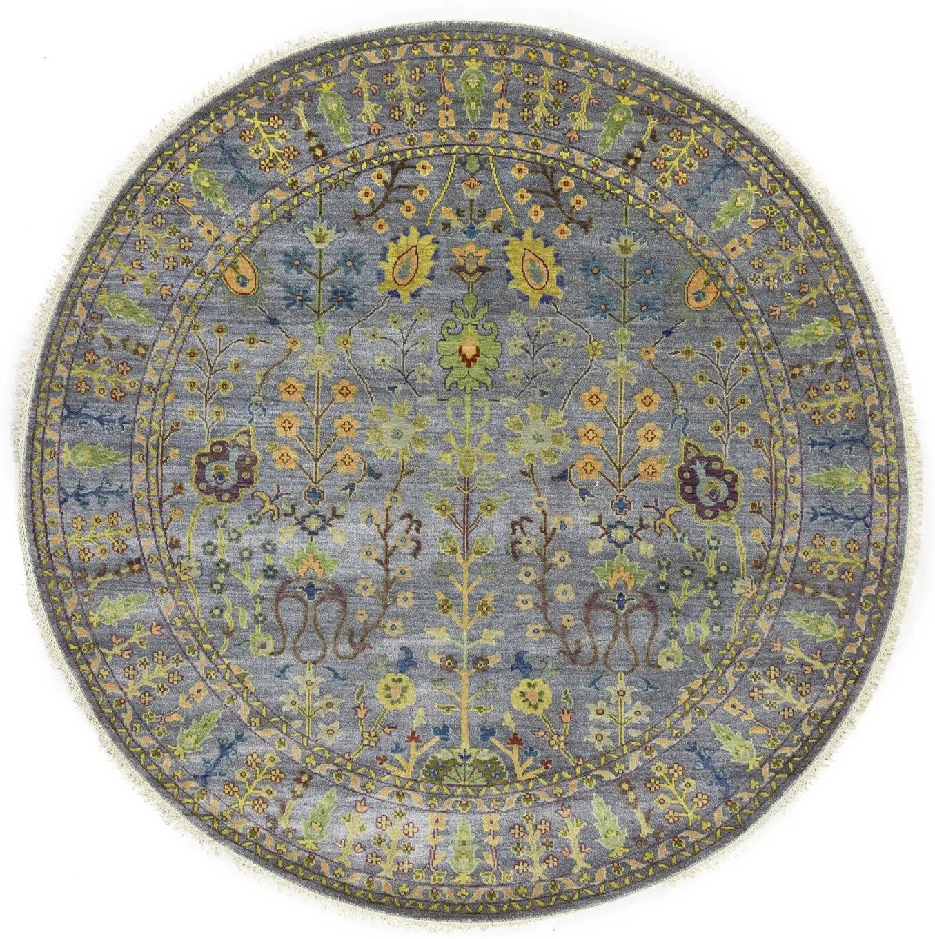 Hand-Knotted Round Oriental Rug Floral Osh Chobi
