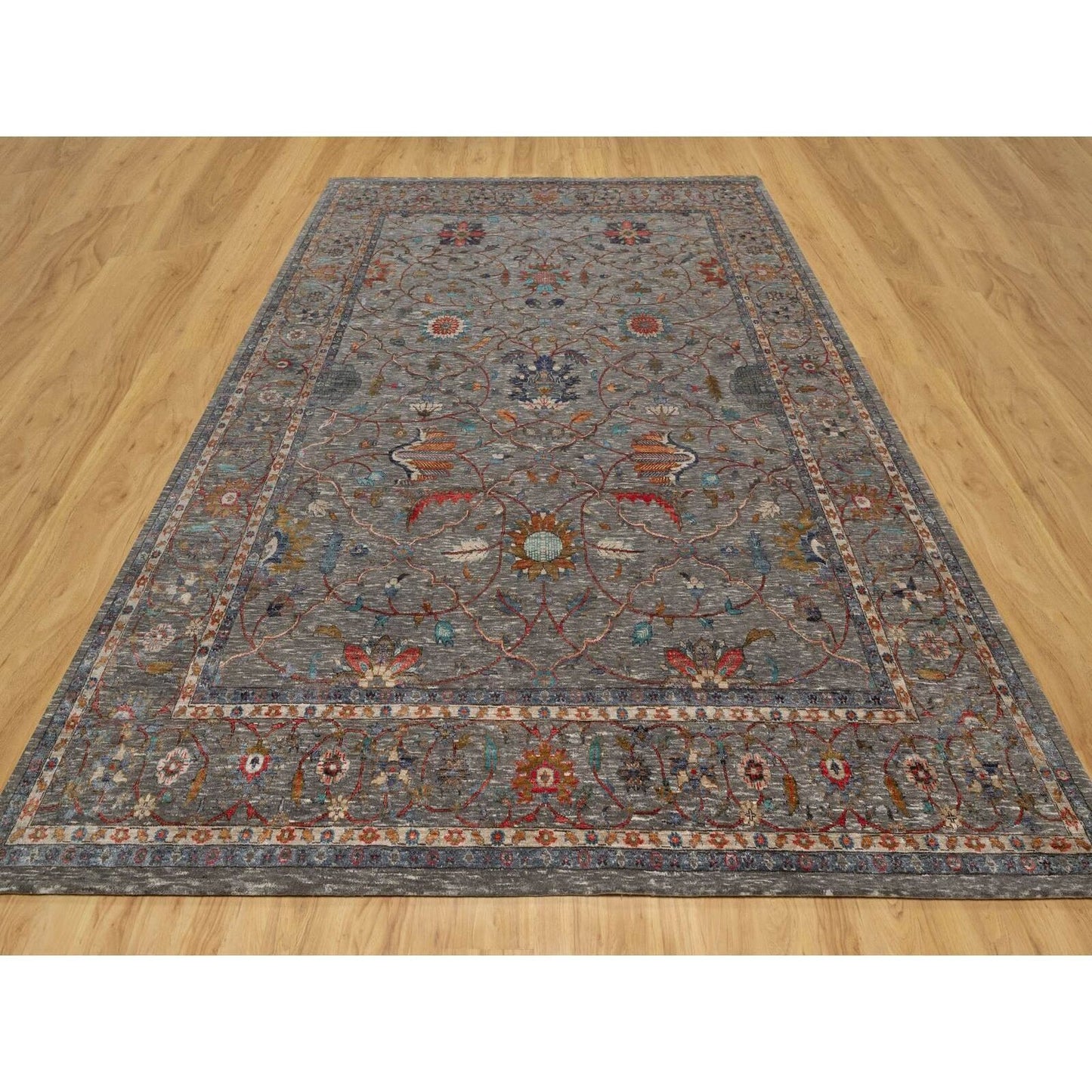 9'X12'1" Brown Scrolls Leaf Design Striae Hand Knotted Silk And Wool Rug