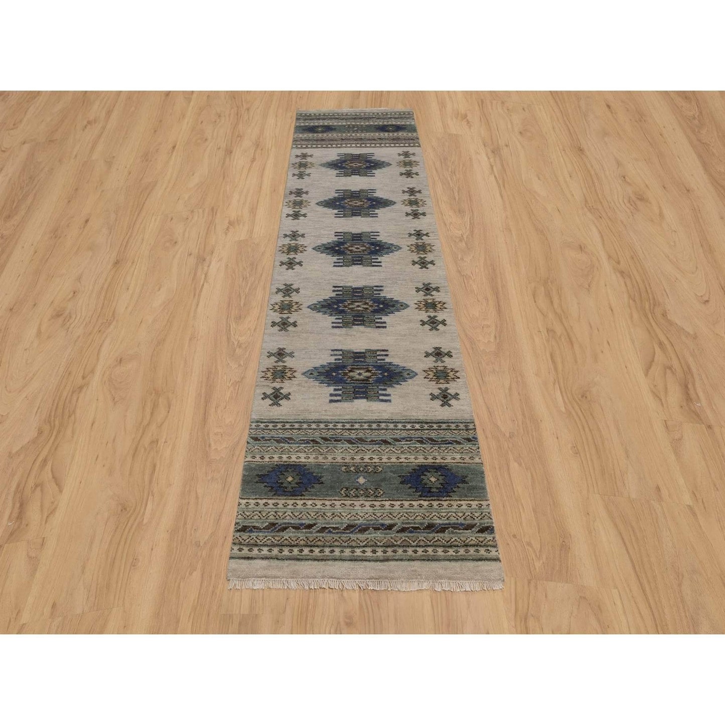 2'7"X9'10" Light Gray Southwest Design Hand Knotted Pure Wool Runner Rug