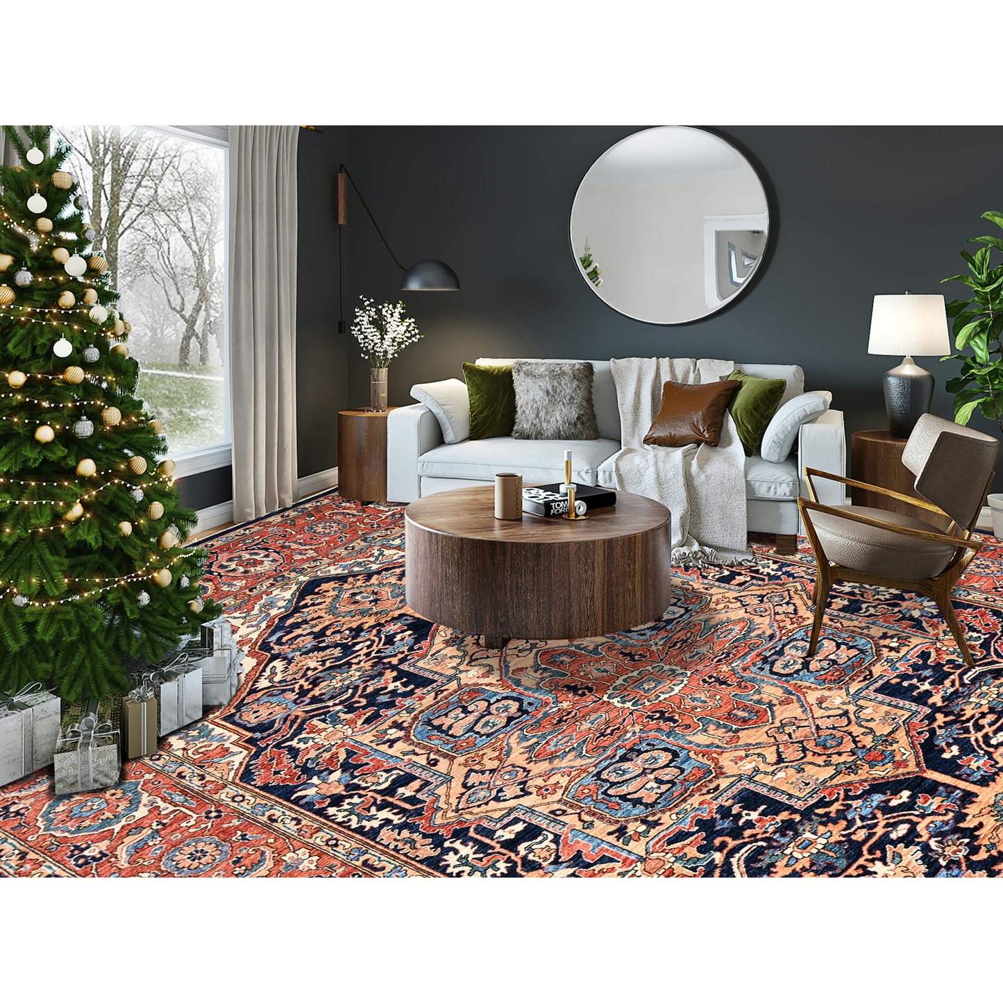 9'X12'1" Yale Blue Seeripe Heris Hand Knotted High Mountain Soft Wool Rug