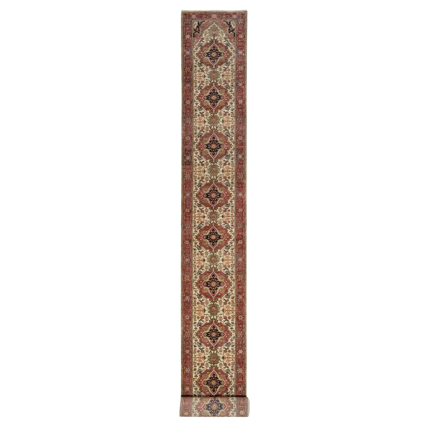 2'8"X28'1" Eggnog White Wool Heris Re-Creation Hand Knotted Xl Runner Rug