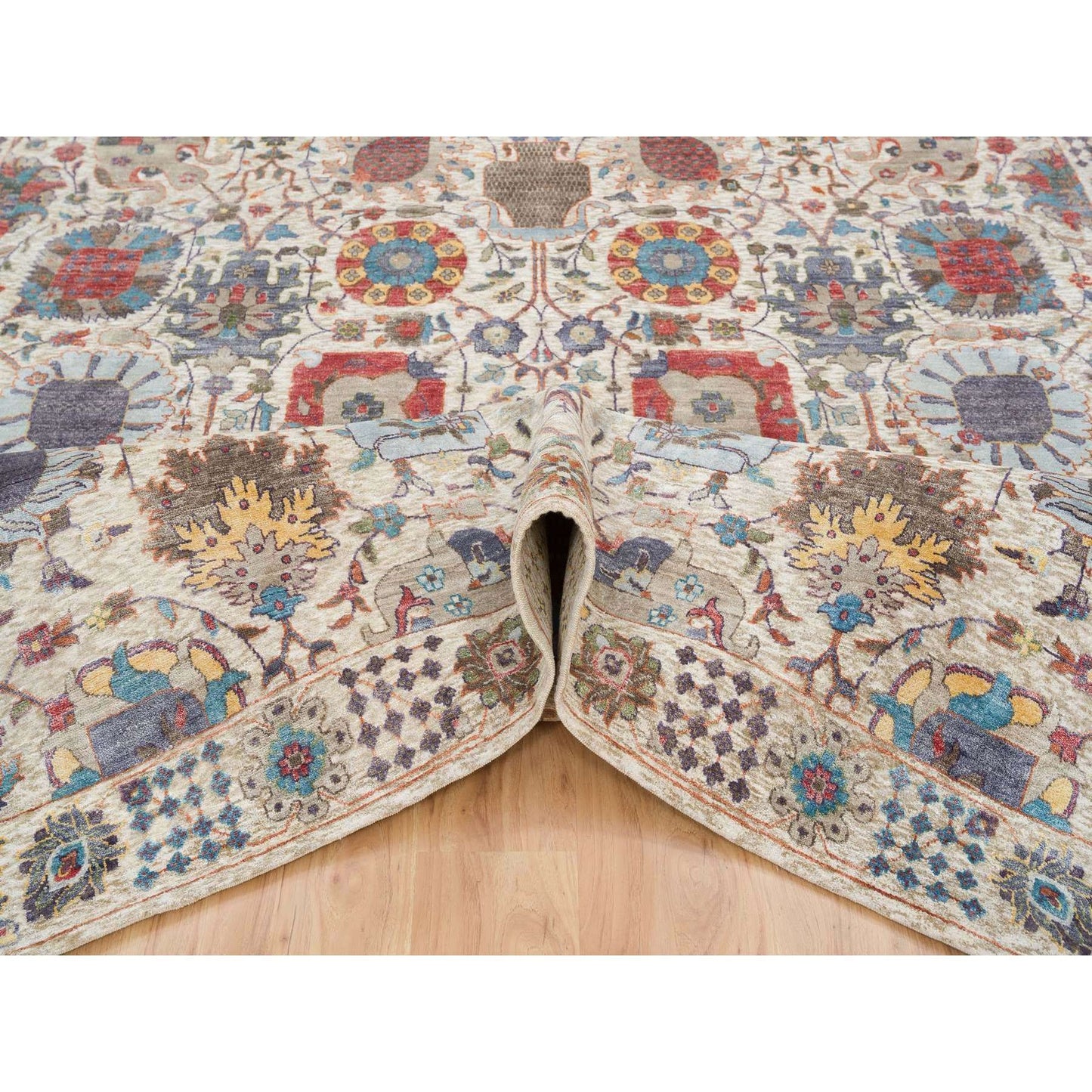 8'3"X10'3" Ivory Hand Knotted Tebraz Vase Silk With Wool Rug