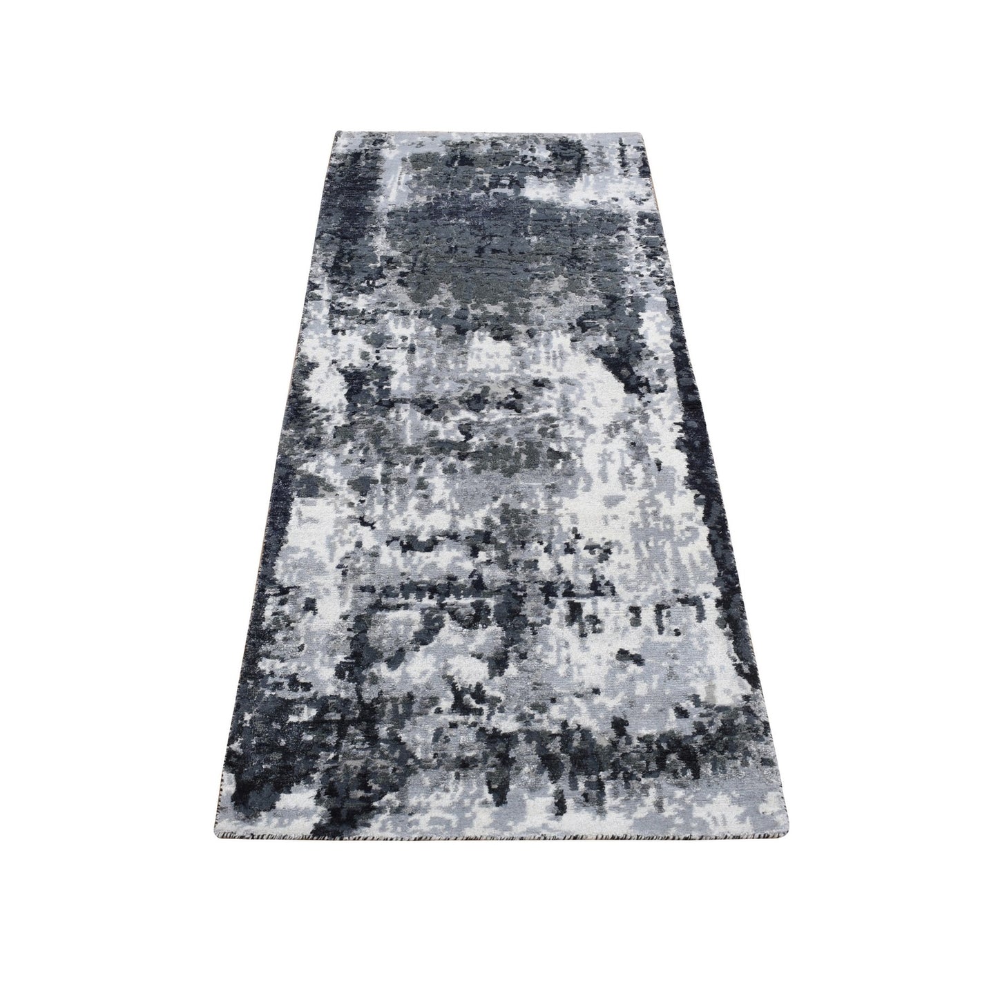 2'7"X6'2" Black Abstract Design Wool And Silk Hand Knotted Runner Rug