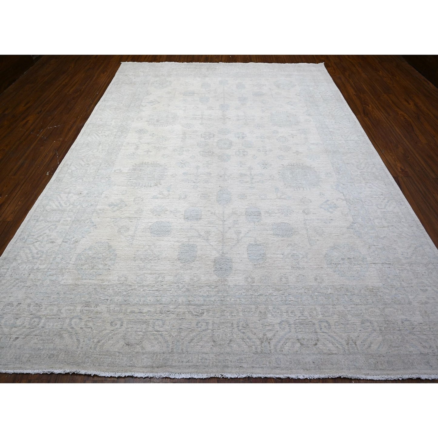 8'9"X11'7" Ivory Pure Wool White Wash Peshawar Hand Knotted Rug
