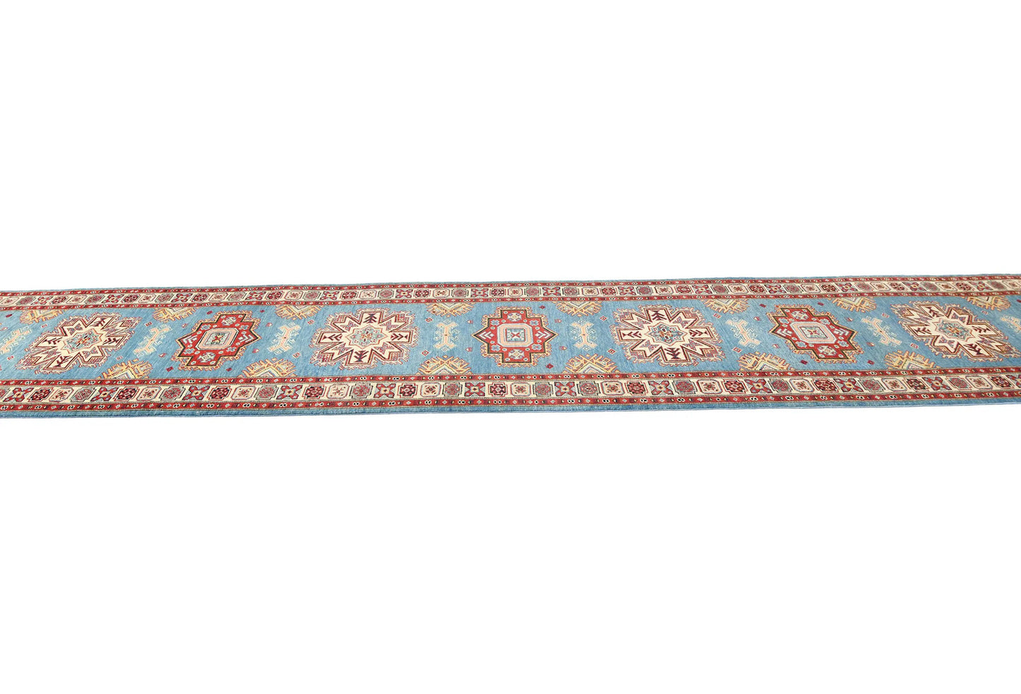 Tribal Geometric Kazak Runner Rug Blue Farmho