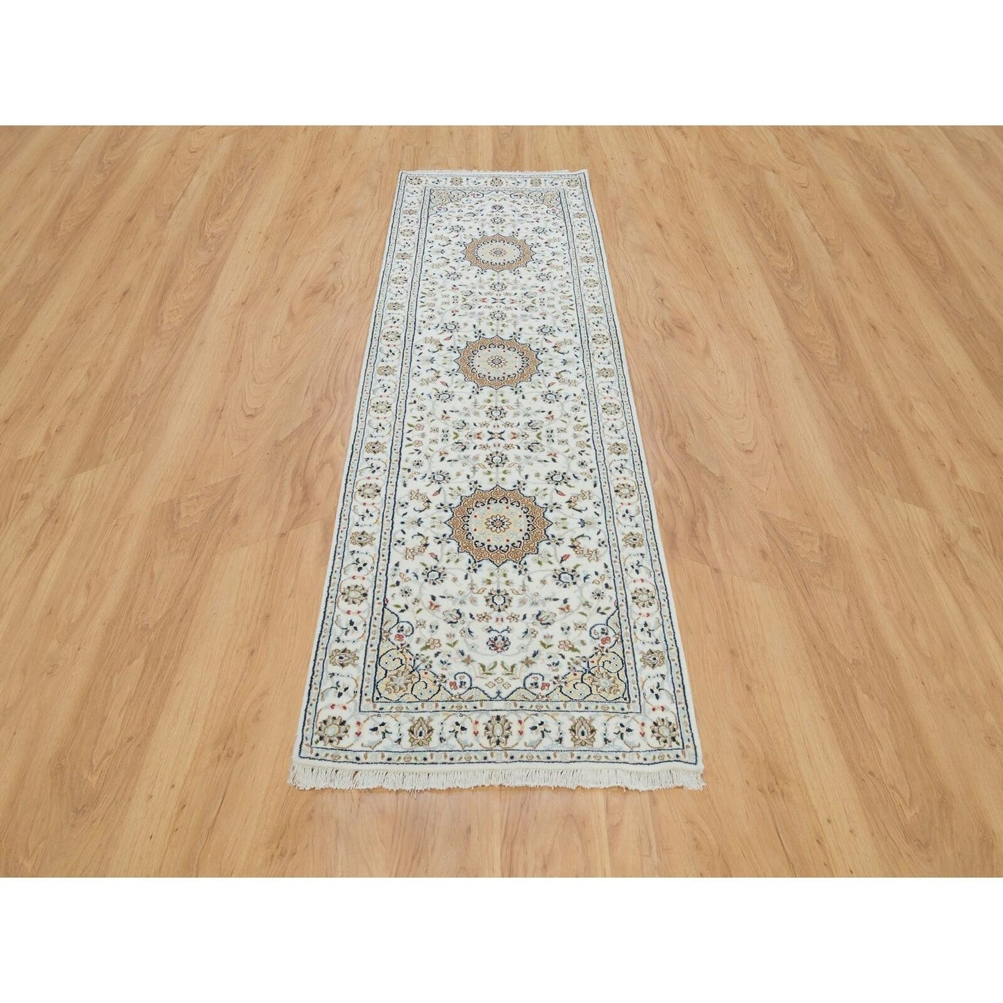 2'6"X8'2" White Hand Knotted Nain Design 250 Kpsi Organic Wool Runner Rug