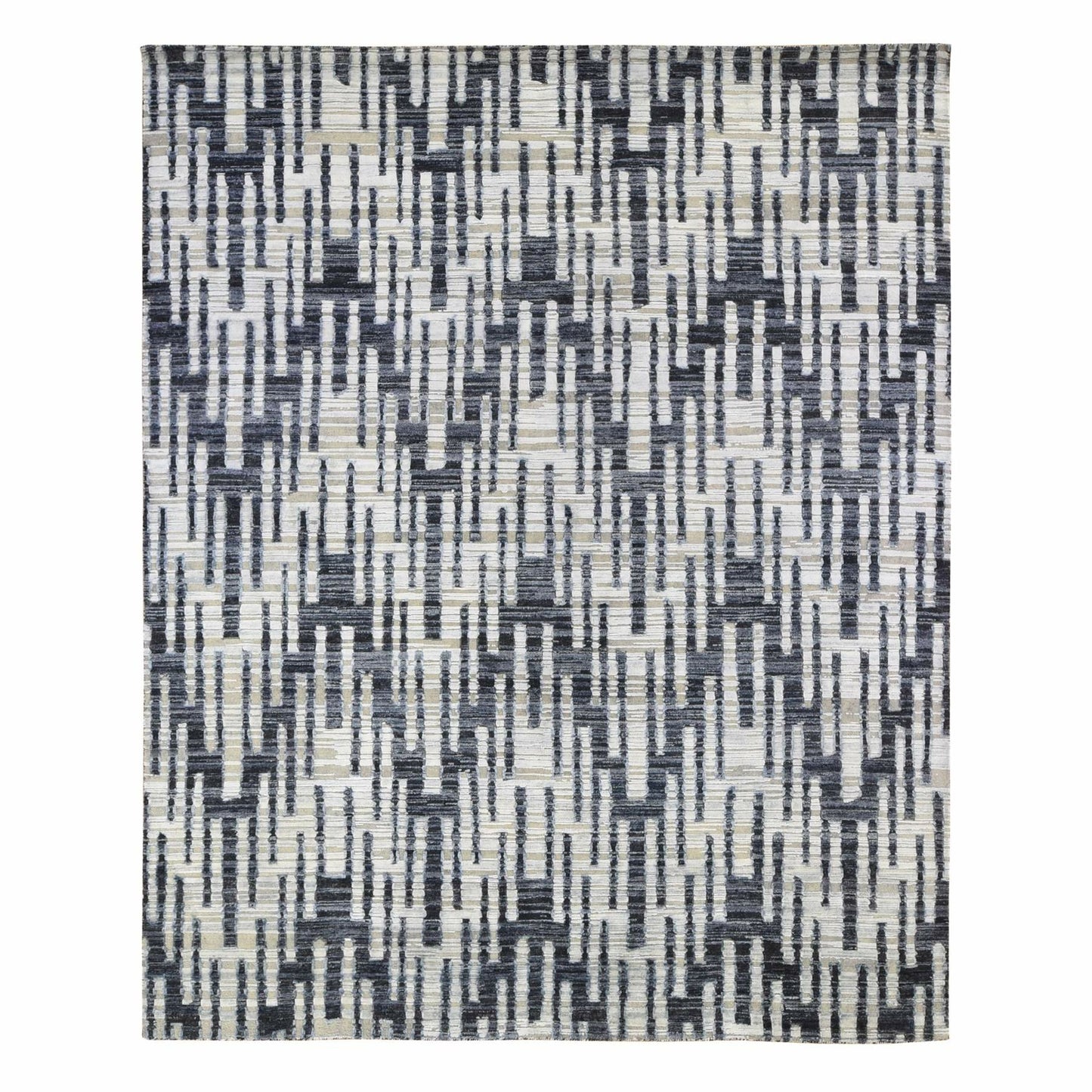 8'X10'1" Zig Zag Design Black And White Pure Silk And Textured Wool Rug